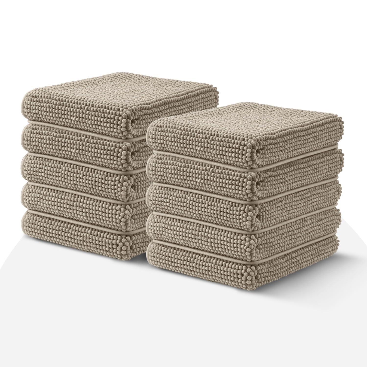 Moonlight Khaki Bath Mat Non Slip Anti Mould - (10 pack) Bath Mats 40x60cm Machine Washable Chenille Bathroom Mat Super Absorbent Extra Soft Fluffy Shower Mat