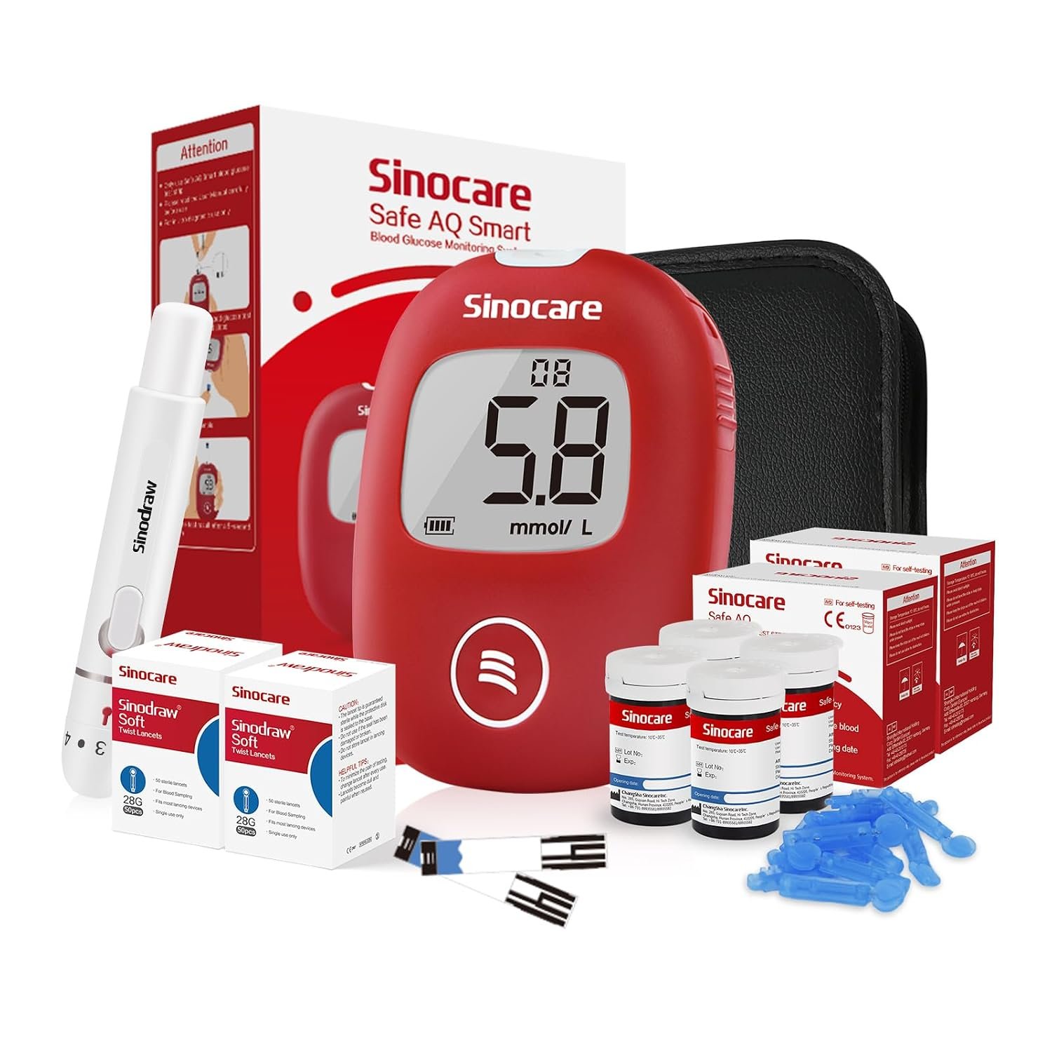 sinocare Diabetes Testing Kit/Blood Glucose Monitor Safe AQ Smart/Blood Glucose Sugar Test Kit with Test Strips x 100 & Lancing Devices x 100 for UK Diabetics -in mmol/L