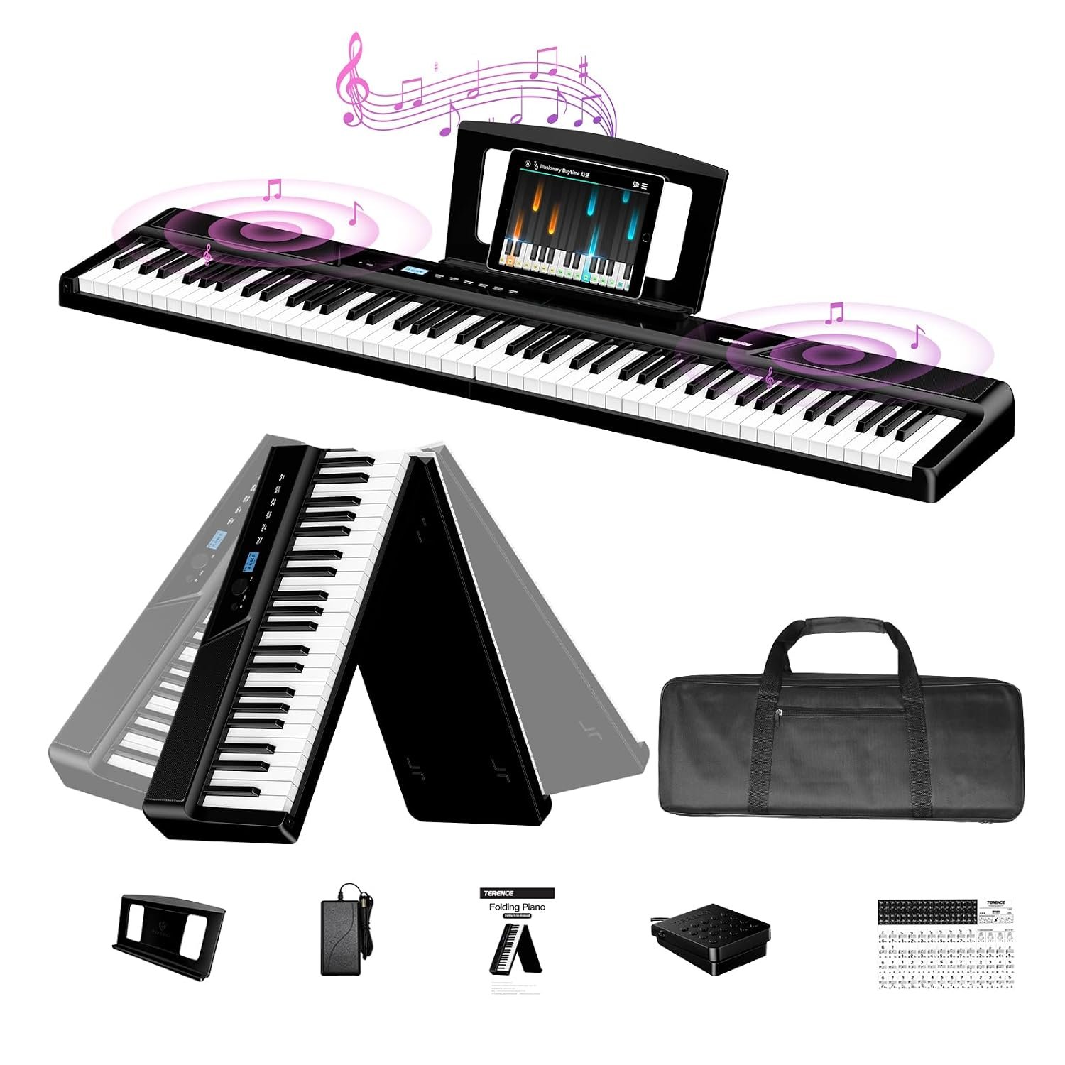 TERENCE V50 Keyboard Piano 88 Keys Digital Piano Weighted Dynamic Keyboard 30W Speakers Touch-Sensitive Control Panel Inbuilt Video and Audio Recording Feature Headphone Support,Black