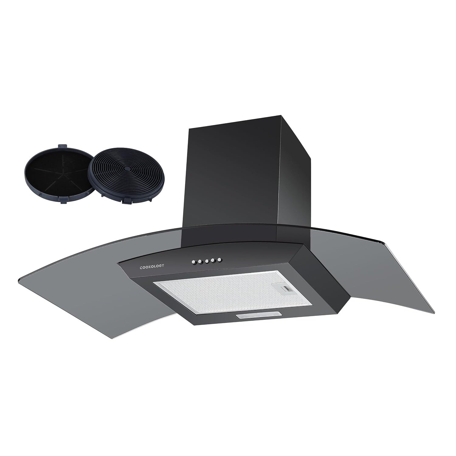 Cookology CGL900BK/A Cooker Hood Chimney Kitchen Extractor Fan 90cm with Carbon Filters, Recirculating Wall Mounted, Curved Glass, Energy Rating A, 3 Speed Settings, LED, Adjustable Height - Black