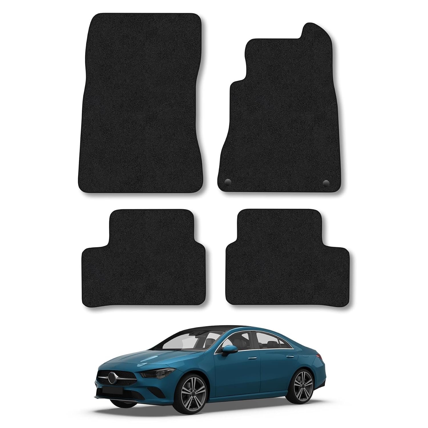Mercedes CLA (2019+) Car Mats Accessories Tailored Fit Carpet Floor Mats Non Slip Black Trim Full Coverage Compatible Accessory Front Rear Set Anti Slip Granulated Backing Hand-Finished Clips