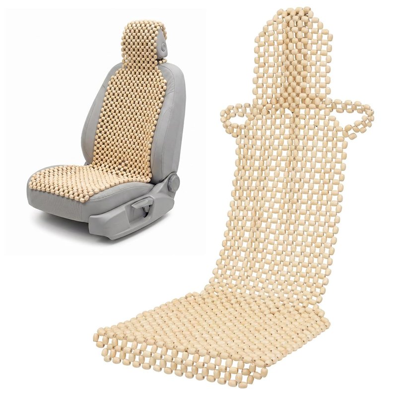 NOVECRAFTO Wooden Beaded Car Seat Cover with Headrest – Natural Wood Bead Massager for Car, Van, Truck & Taxi – Breathable Cooling Seat Cushion – Universal Fit – 143 x 50 cm – White