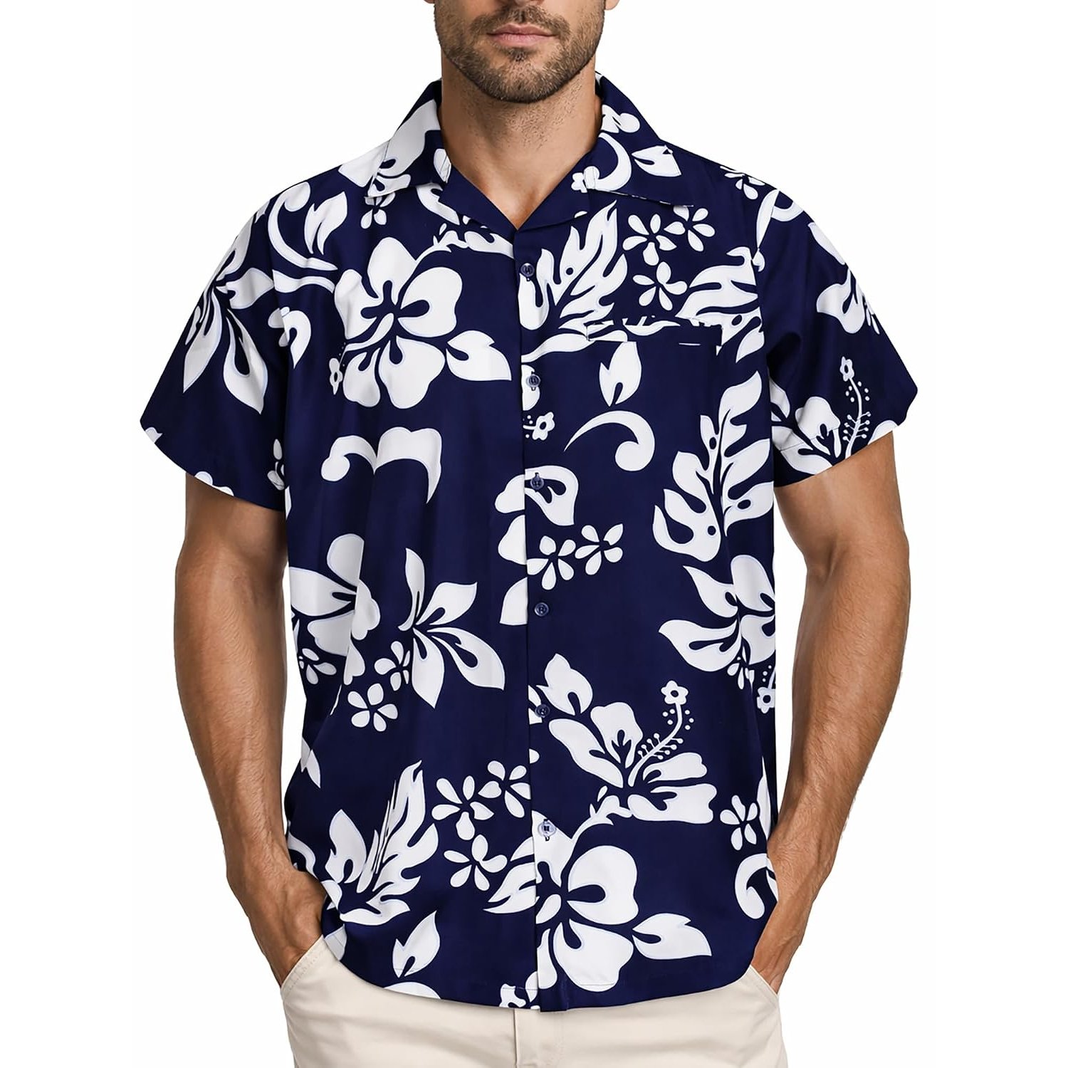 King Kameha Floral-Vibes Hibiscus-Print Hawaii Colorful Stylish-Shirt Standard-Fit, Hibiscus, Navy-Blue, XS