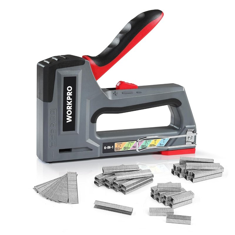 WORKPRO 6 in 1 Multifunctional Wall Stapler with 4000 Staples Manual Stapler for Fixing Hardware Furniture Decoration Door Window Cabinet