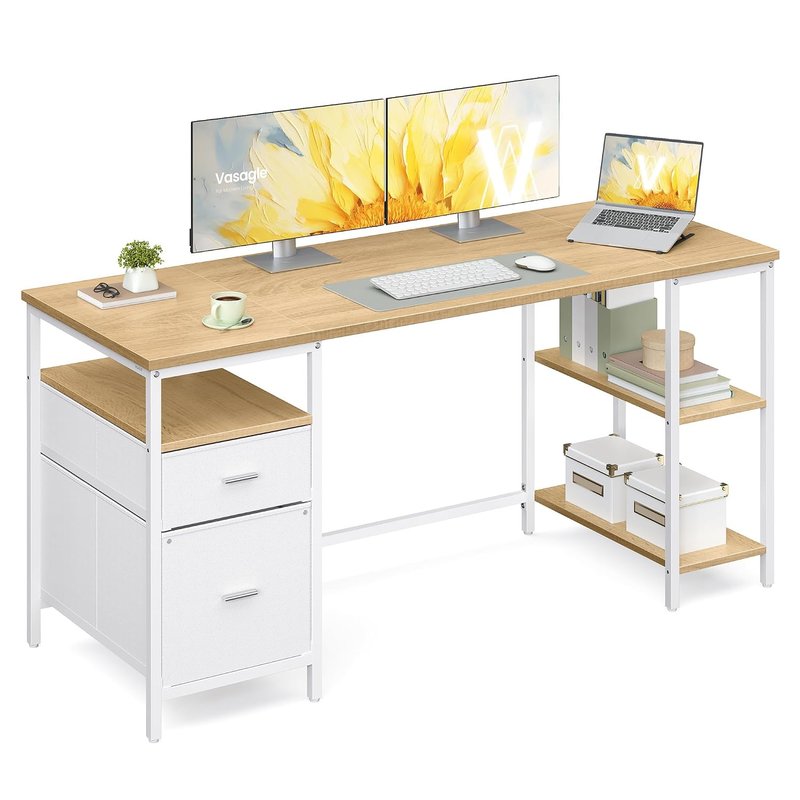 VASAGLE Computer Desk, Work Desk with Storage, 3 Shelves, 2 Drawers, 160 x 60 x 76 cm, for Home Office, Living Room, Industrial Style, Natural Oak and Cloud White LWD105YD01