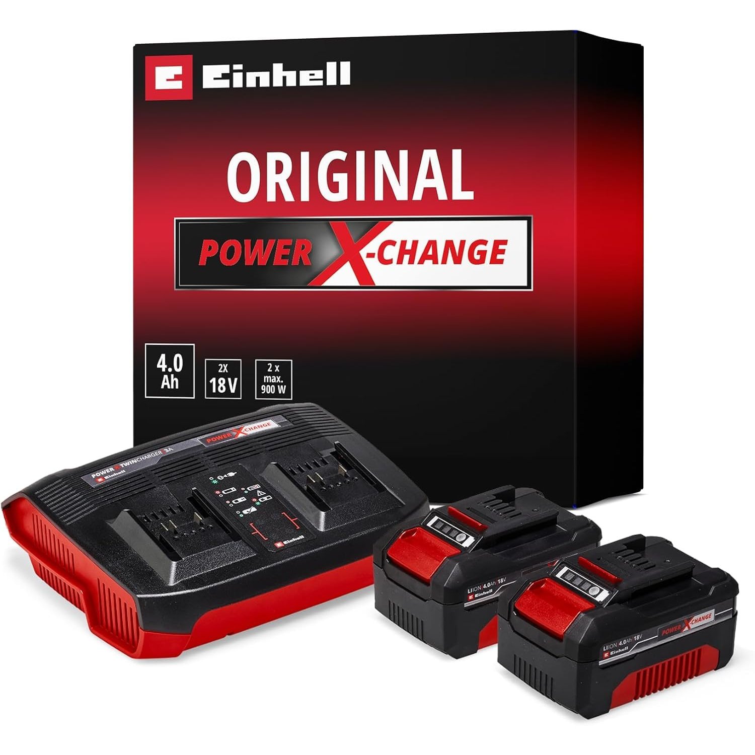 Einhell 18V 4.0Ah Lithium-Ion Twin Battery and Charger Set, Power X-Change Starter Kit 2x 4.0Ah Batteries and Twincharger Set, Universally Compatible With Einhell PXC Tools and Garden Machines