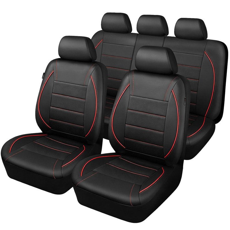 9 PCs Leather Car Seat Covers Full Set,Waterproof Anti-Slip Auto Seat Protector,Full Surround Cushion Covers Airbag Compatible,Universal 5 Seater Full Set High Back Cover for SUV Vans Trucks (Red)