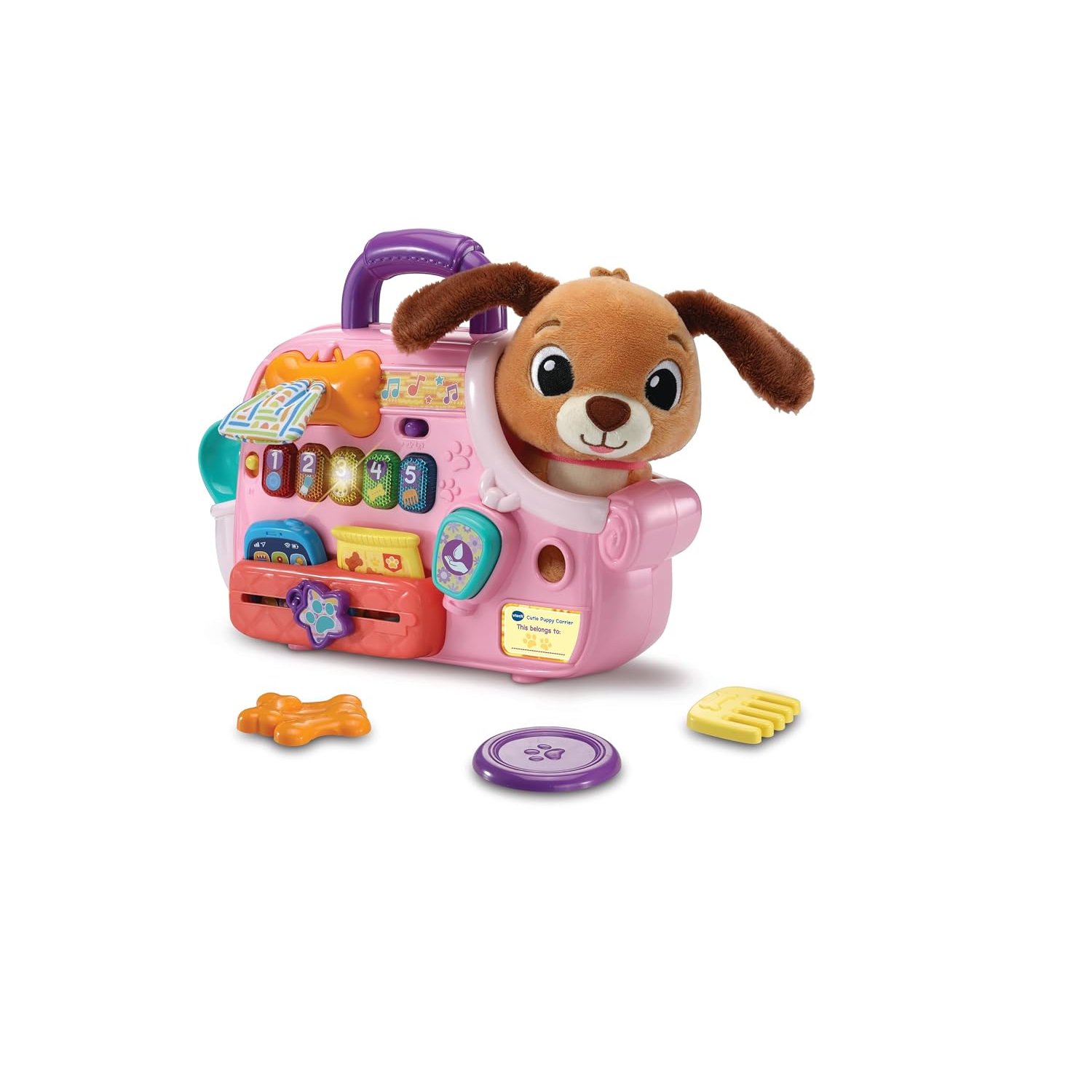VTech Baby Cutie Puppy Carrier, Interactive Role-Play Toy with 6 Accessories, Light-up Buttons with Music, Sounds & Phrases, Gift for Babies 9, 18, 24 months +