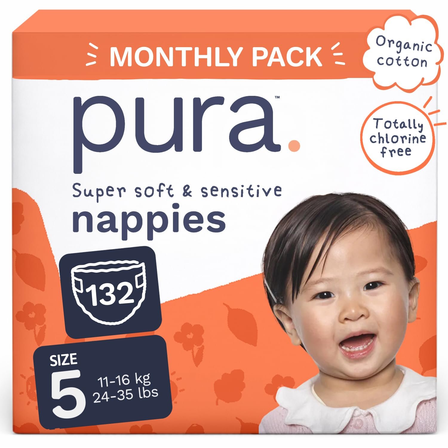 Pura Eco Friendly Nappies Size 5 (11-16 kg) - Monthly Pack of 132 Ultra Soft for Sensitive Skin - Organic Cotton, 12 Hours of Protection