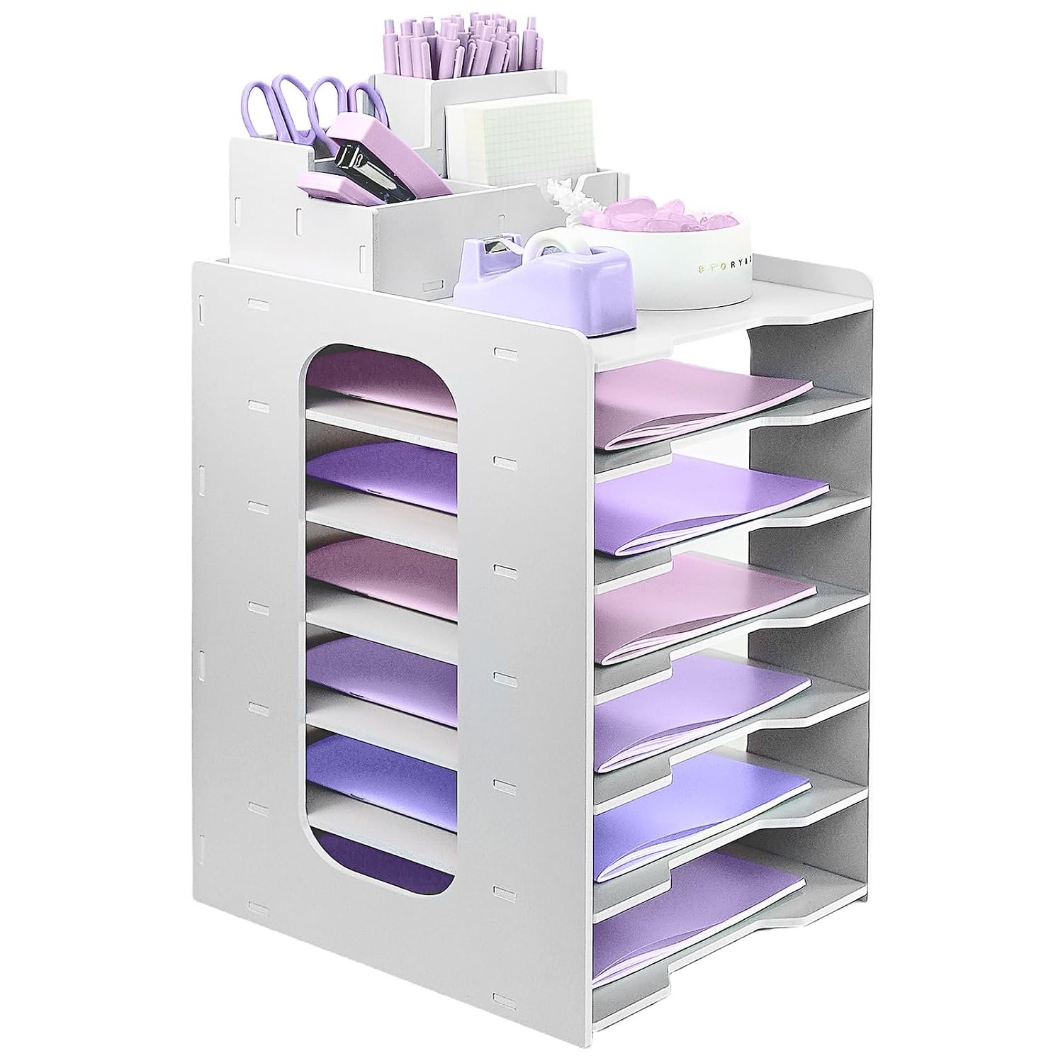 HMXLJJY Letter Tray Organiser, A4 Paper Filing Trays, 7-Tier Office File Tray, Desk File Tidy Organizer with Stackable Filing Tray, Desk Paper Organizer with Pen Holder (White)