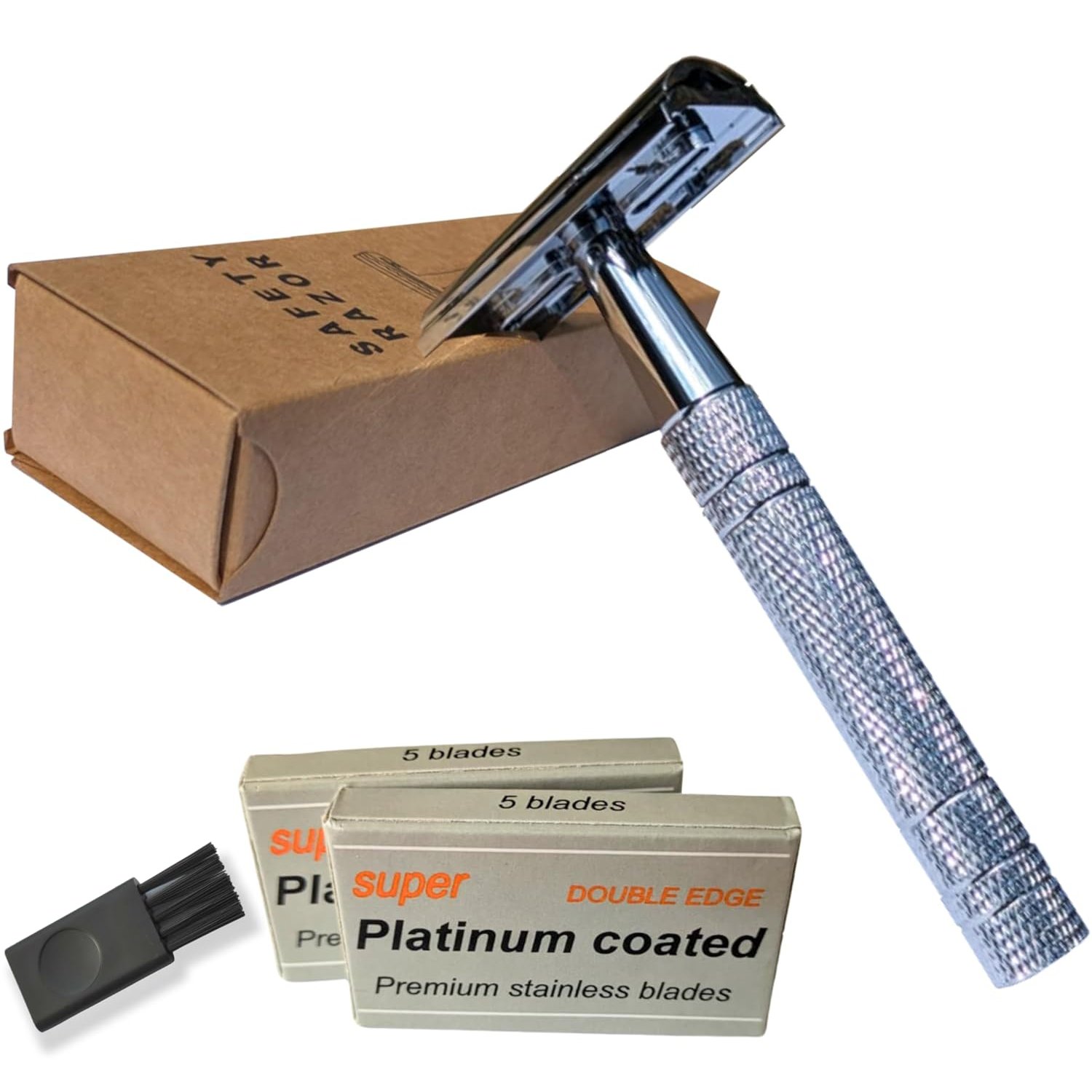 Safety Razor – Double Edge Stainless Steel Razor Kit with 10 Blades – Eco Friendly Reusable Plastic Free Shaving Razor for Men & Women – Zero Waste Wet Shaver (Silver)