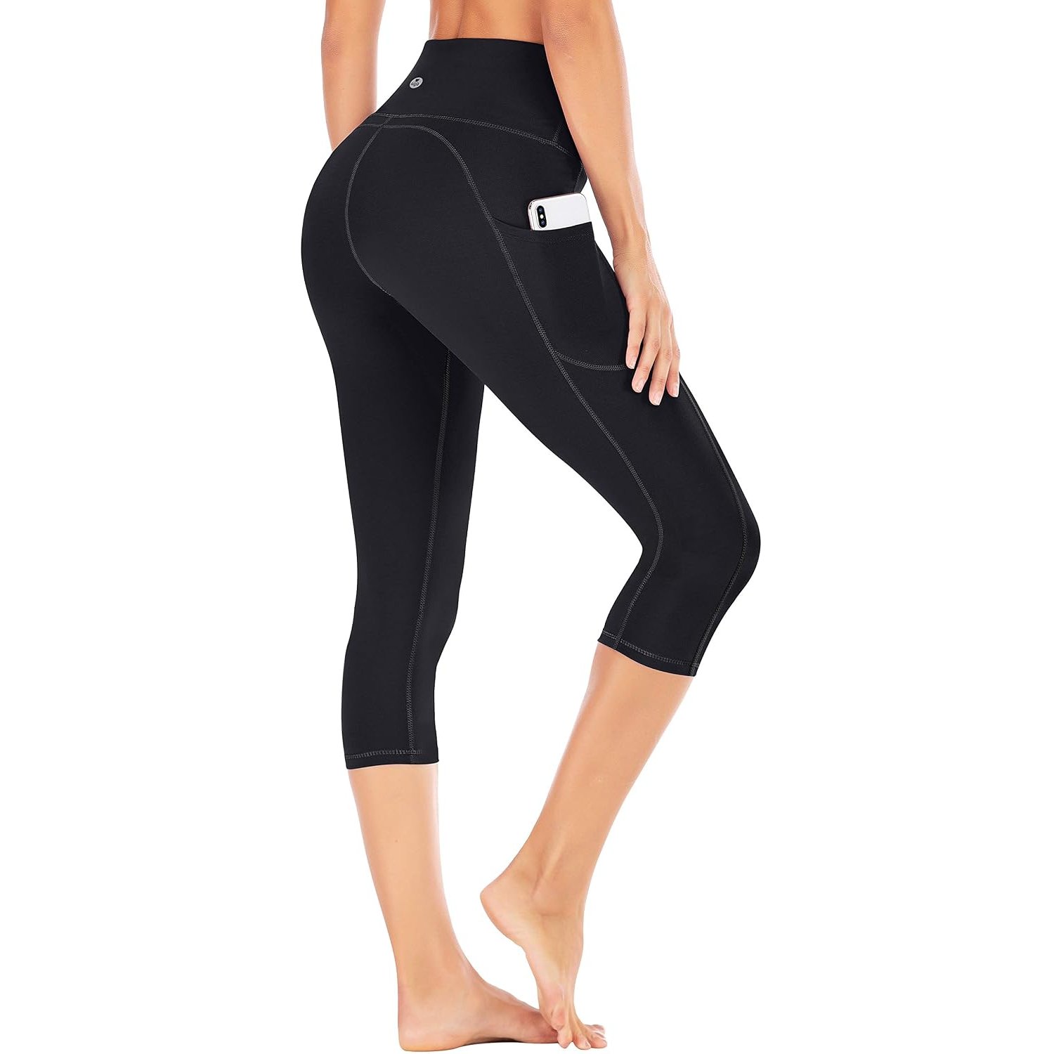 IUGA Yoga Pants for Women Cropped Leggings with Pockets High Waist Gym Leggings for Women 3/4 Running Black
