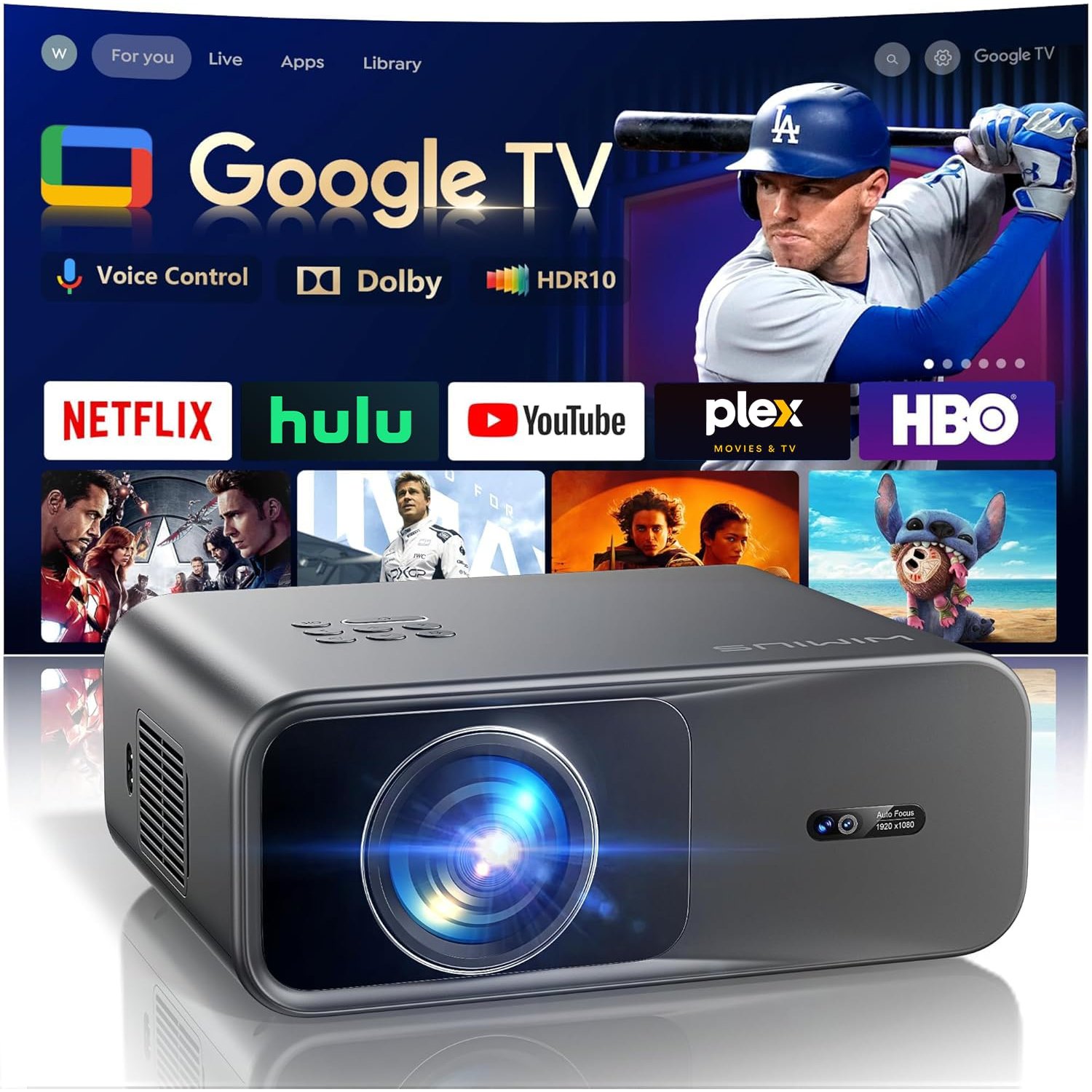 FIFA Projector【Official Google TV/Netflix/Disney/Live TV& Dolby Audio】WiMiUS Smart Projector 4K Portable HDR10 Auto Focus/Keystone Outdoor Projectors 38000 LM WiFi Bluetooth for Bedroom/Home Cinema