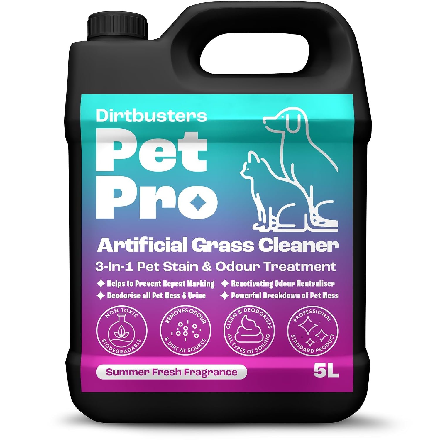 Dirtbusters Pet Pro Artificial Grass Cleaner (5L) For Dogs & Cats, 3-in-1 Clean, Remove Stains, Urine & Deodorise With Reactivating Odour Eliminator For Astro Turf & Fake Grass