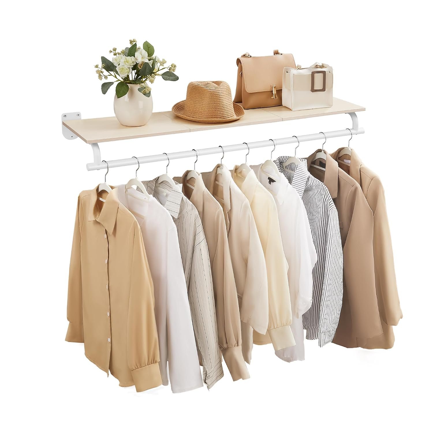 SONGMICS Clothing Rack Wall Mounted, Clothes Rack, Wall Shelf with Hanging Rod, Loads up to 35 kg, 28 x 109 x 13.2 cm, Hallway, Bedroom, Wardrobe, Natural Beige and Cloud White HSR135W01