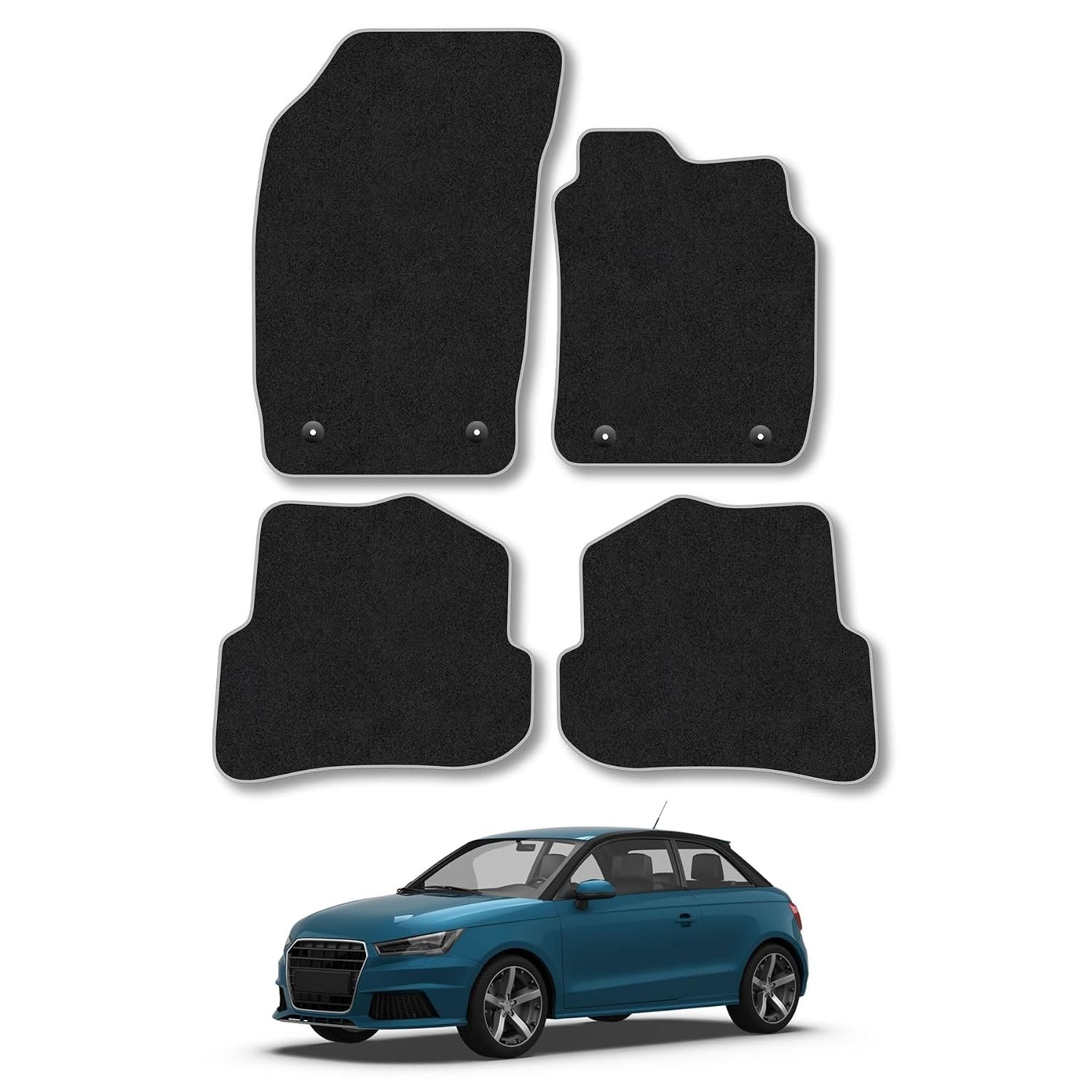 Audi A1 (2010-2019) Car Mats Accessories Tailored Fit Carpet Floor Mats Non Slip Grey Trim Accessory Compatible Front Rear Set Anti Slip Full Coverage Granulated Backing Hand-Finished Clips