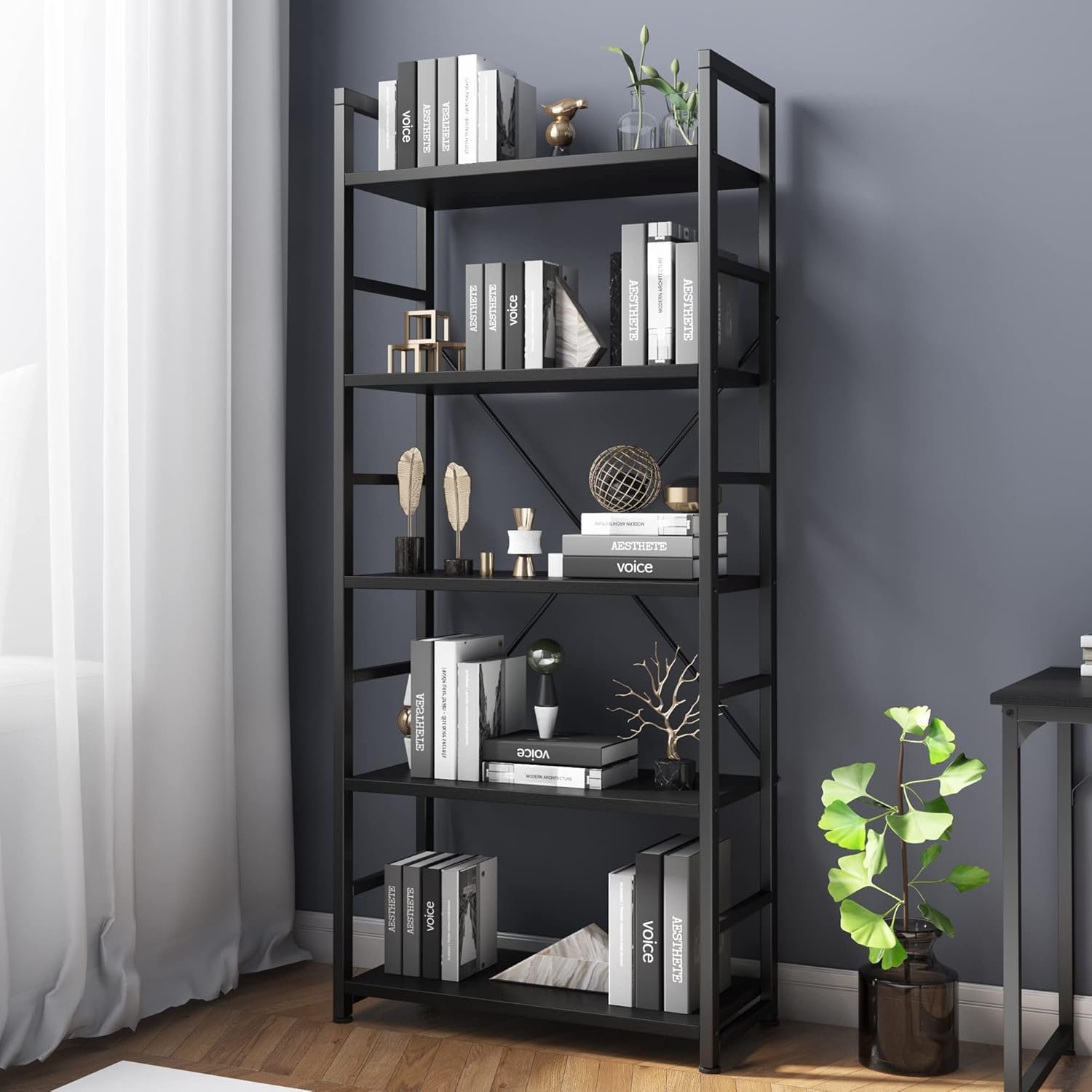 VERMESS Industrial Bookshelf, 5 Tier Wood Bookshelf with Open Shelves, Rustic Standing Bookshelves, Metal Frame, Display Shelf for Living Room, Bedroom, Black