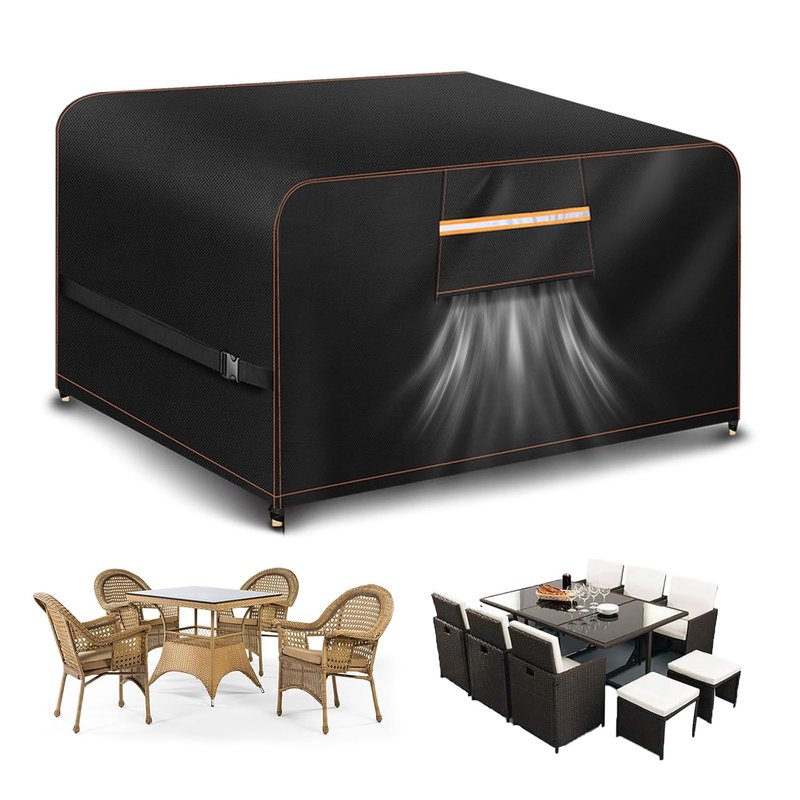 Aoretic Outdoor Garden Furniture Covers Waterproof 250x250x90CM Garden Table Cover Waterproof with Air Vent for Square Round Patio Bistro Set Rattan Sofa Chairs Outside Seating 420D Oxford Fabric