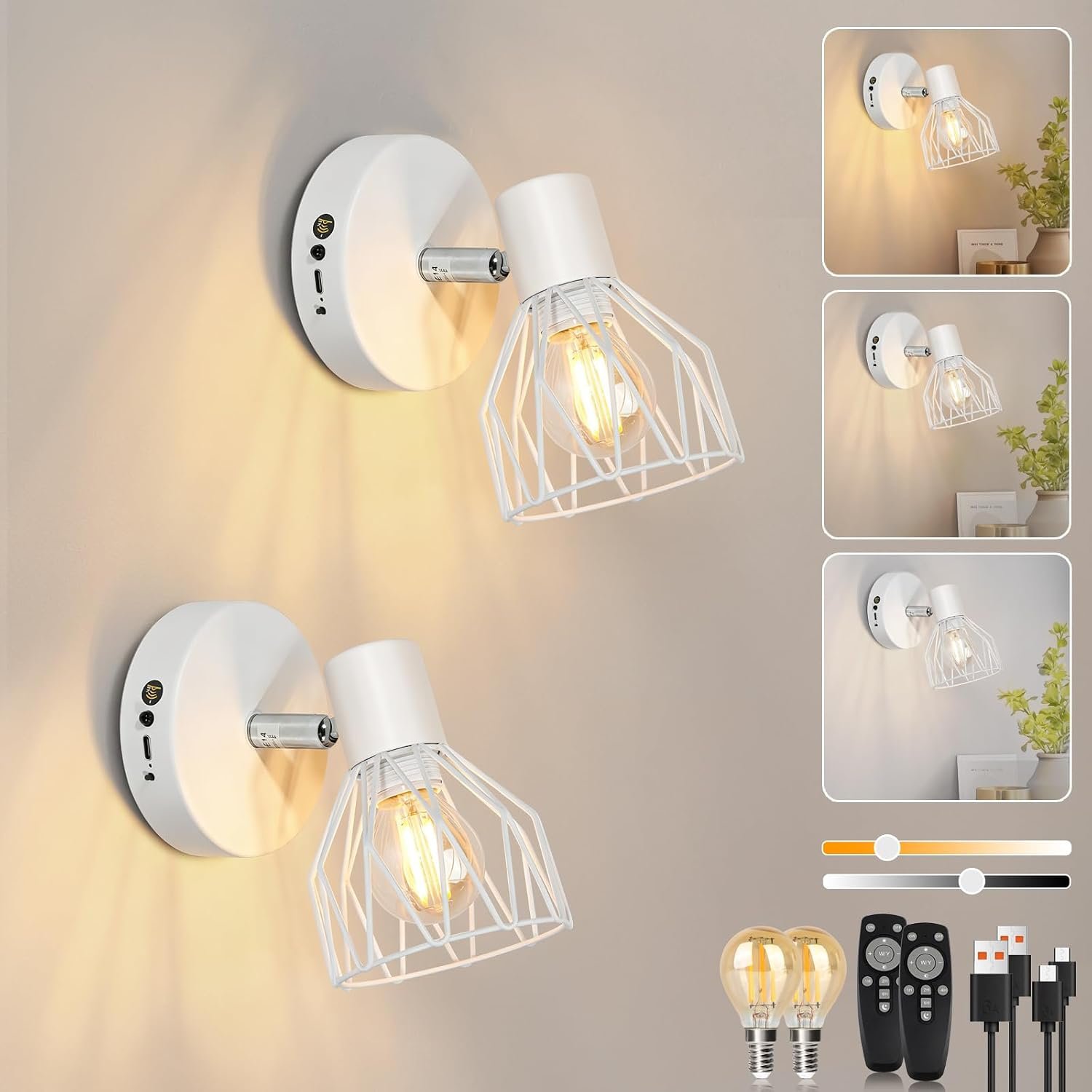 Dehobo Battery Operated Wall Light, 2 Set Wireless Wall Sconces with Dimmable LED Bulbs, Type-C Rechargeable Wall Lamps with Remote Control, Cordless Sconce for Indoor Bedside Living Room Picture