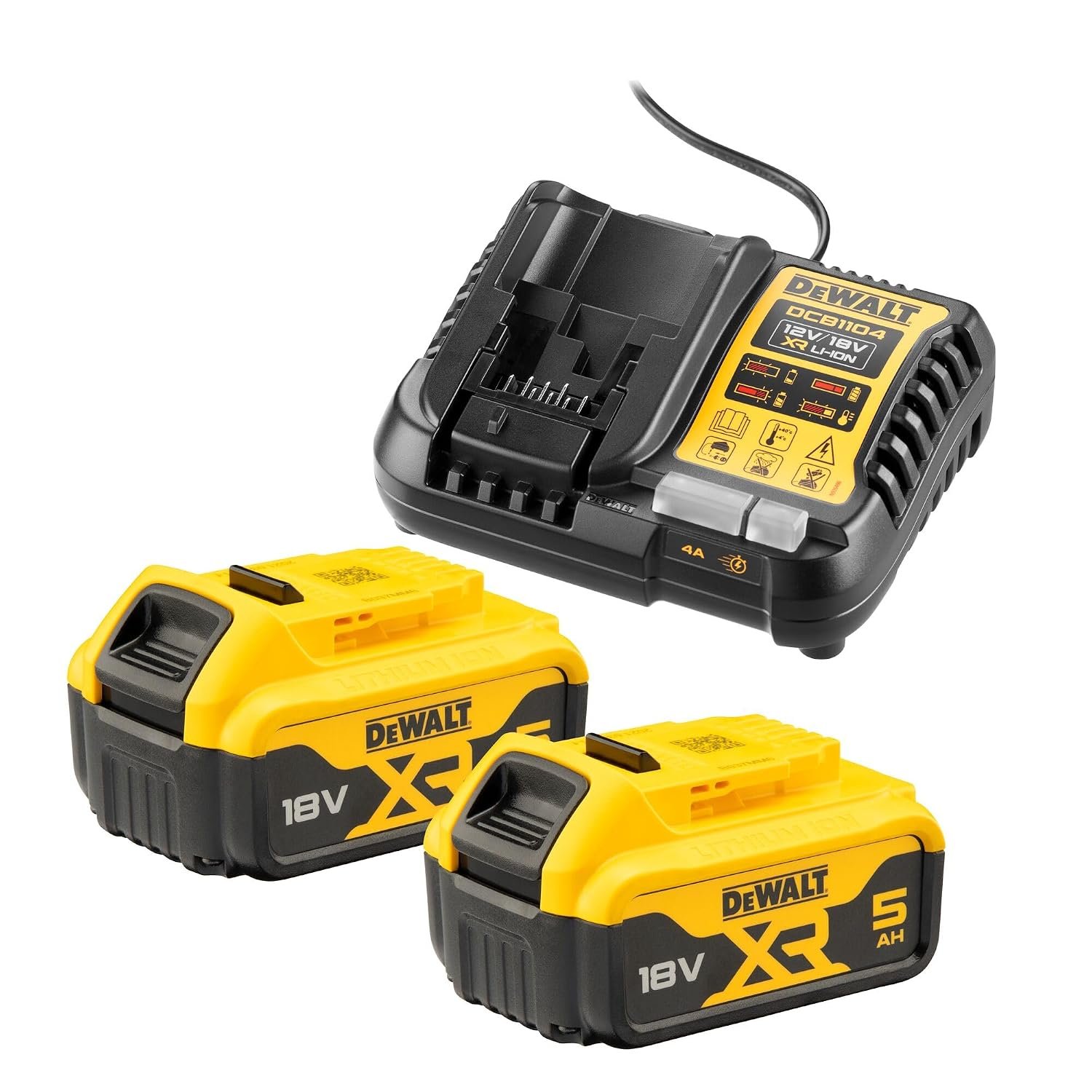 DeWalt - Pack of 2 XR 18V 5Ah Li-Ion Batteries + Charger - DCB1104P2-QW