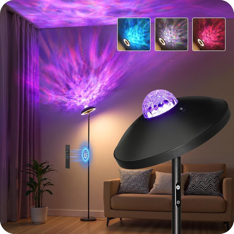 GOEBLESON LED Floor Lamp with RGB Galaxy Projector, 18W Double Sided Corner Light Rotatable, Dimmable Standing Lamp with Remote, Black Modern Lamp for Living Room, Bedroom, Kids Room, Gaming ZB14LDK05