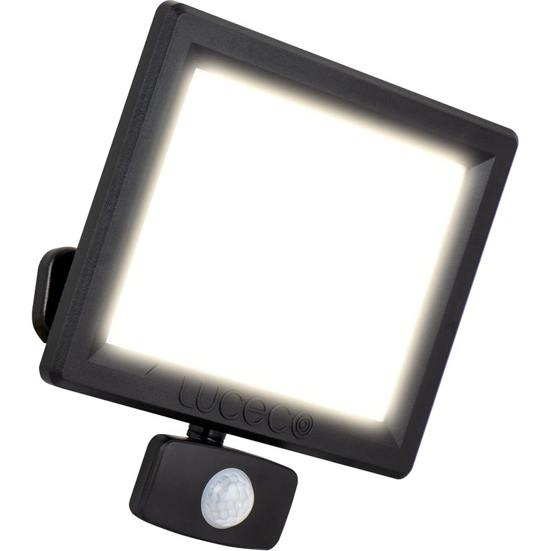 Luceco Outdoor Security LED Floodlight with PIR Motion Sensor for Driveways, Walkways and Gardens, Fit & Tilt Multi-Positioning, Exterior Lighting, Essence, Black, IP65, 50W, 5250lm, 4000K, EFLD50B40P