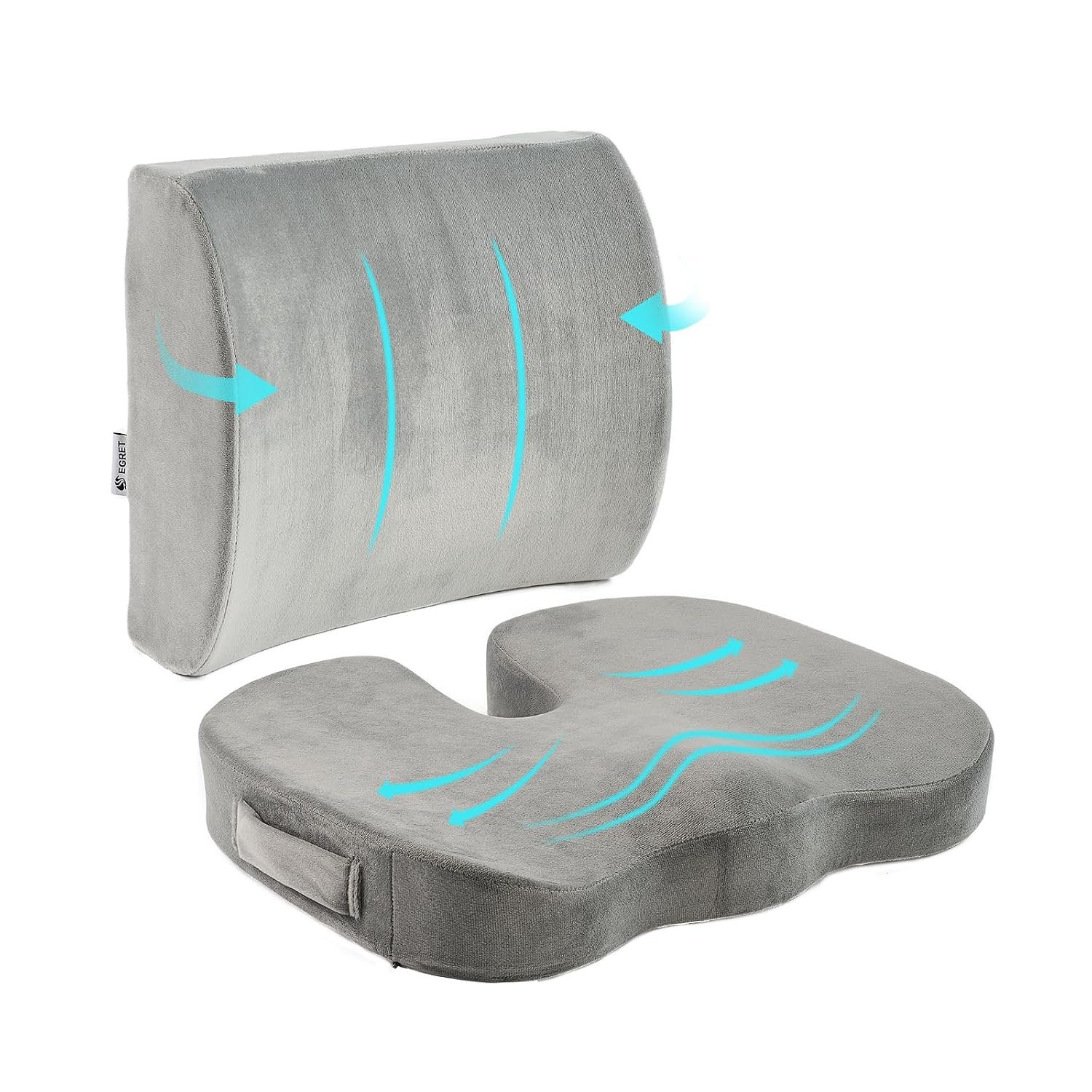 Egret Lumbar Support Pillow - Memory Foam Back Cushion for Office Chair & Car Seat, Pain Relief & Posture Support, Adjustable Straps(Grey)