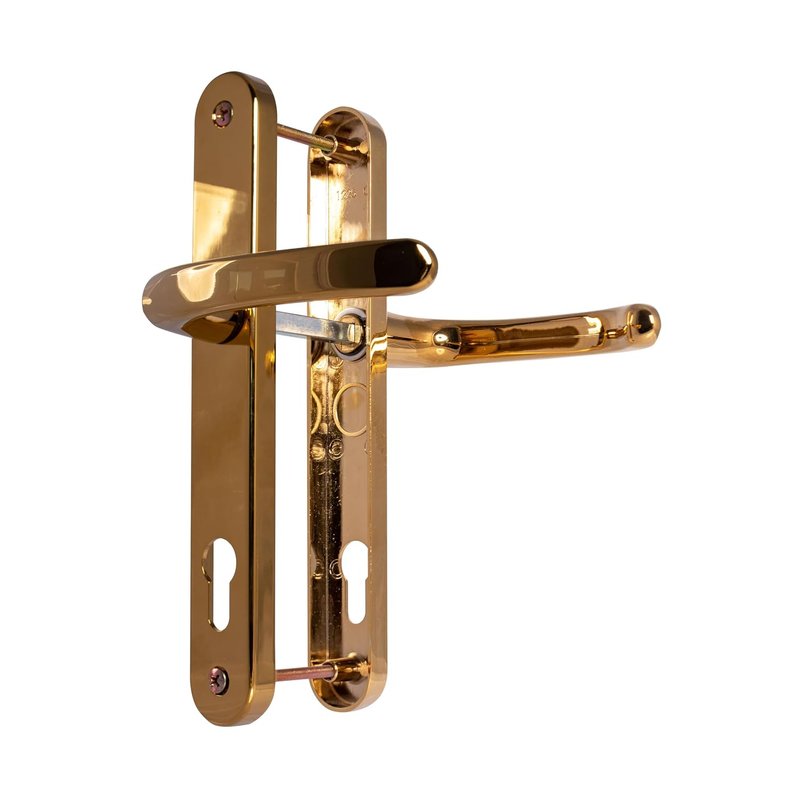 UPVC TSS Door Handle with Lever, PZ Centers, 210mm Backplate, 242x34 UPVC White (Polished Brass), 92mm