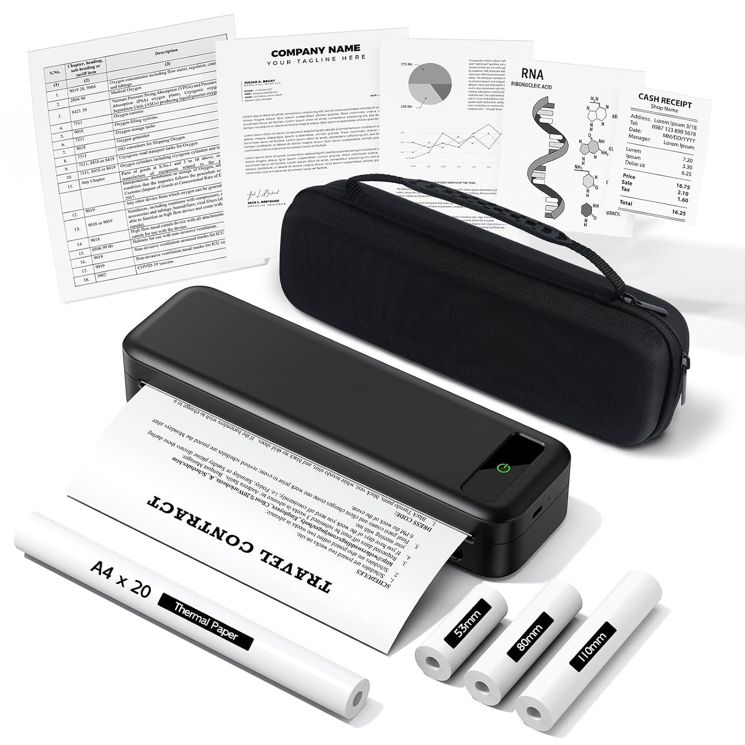 TATTMUSE Portable Thermal Printer A4 Inkless Wireless Bluetooth Compatible with iOS & Android, Small Travel Mobile Receipt Printer with 4 Rolls of Thermal Paper & 1 Carry Bag - Black