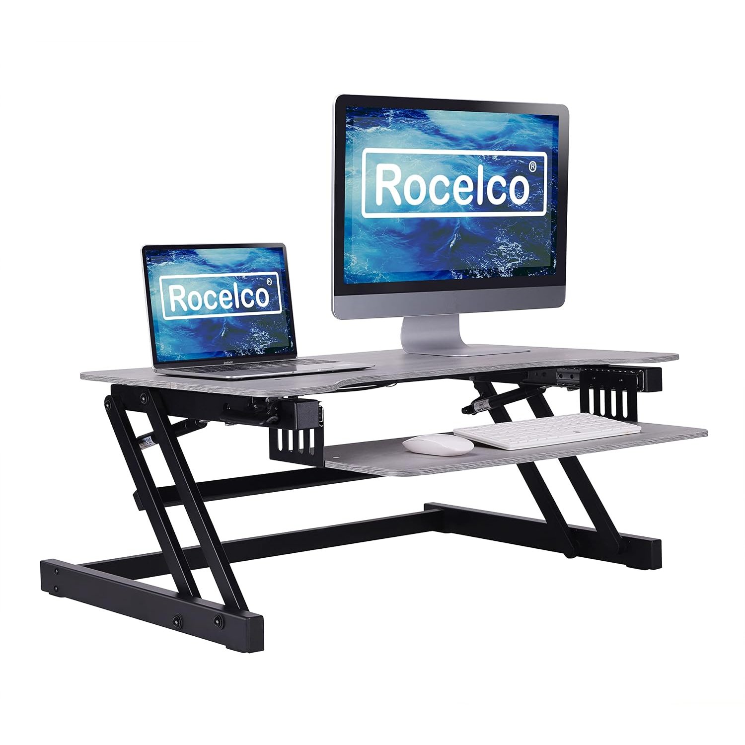 Rocelco 95cm Standing Desk Converter with Retractable Keyboard Tray, Dual Gas Spring Height Adjustable Sit-Stand Workstation Riser for Two Monitors and a Laptop, Grey (R DADRG)