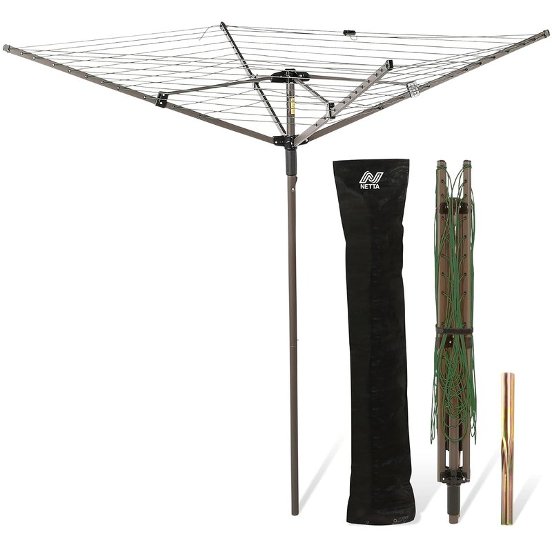 NETTA Rotary Washing Line 4 Arm 45M - Heavy Duty Outdoor Clothes Dryer with Cover & Ground Spike - Easy-Open Whirligig Washing Line Rotary - Large Capacity Garden Laundry Rotary Airer - Green