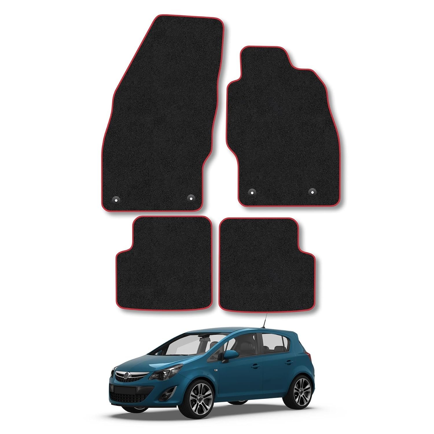 Vauxhall Corsa D/E (2006-2019) Compatible Car Mats Accessories Carpet Tailored Fit Red Trim Binding Full Coverage Anti-Slip Accessory Anti Slip Backing All Weather Hand-Finished Full Coverage Clips