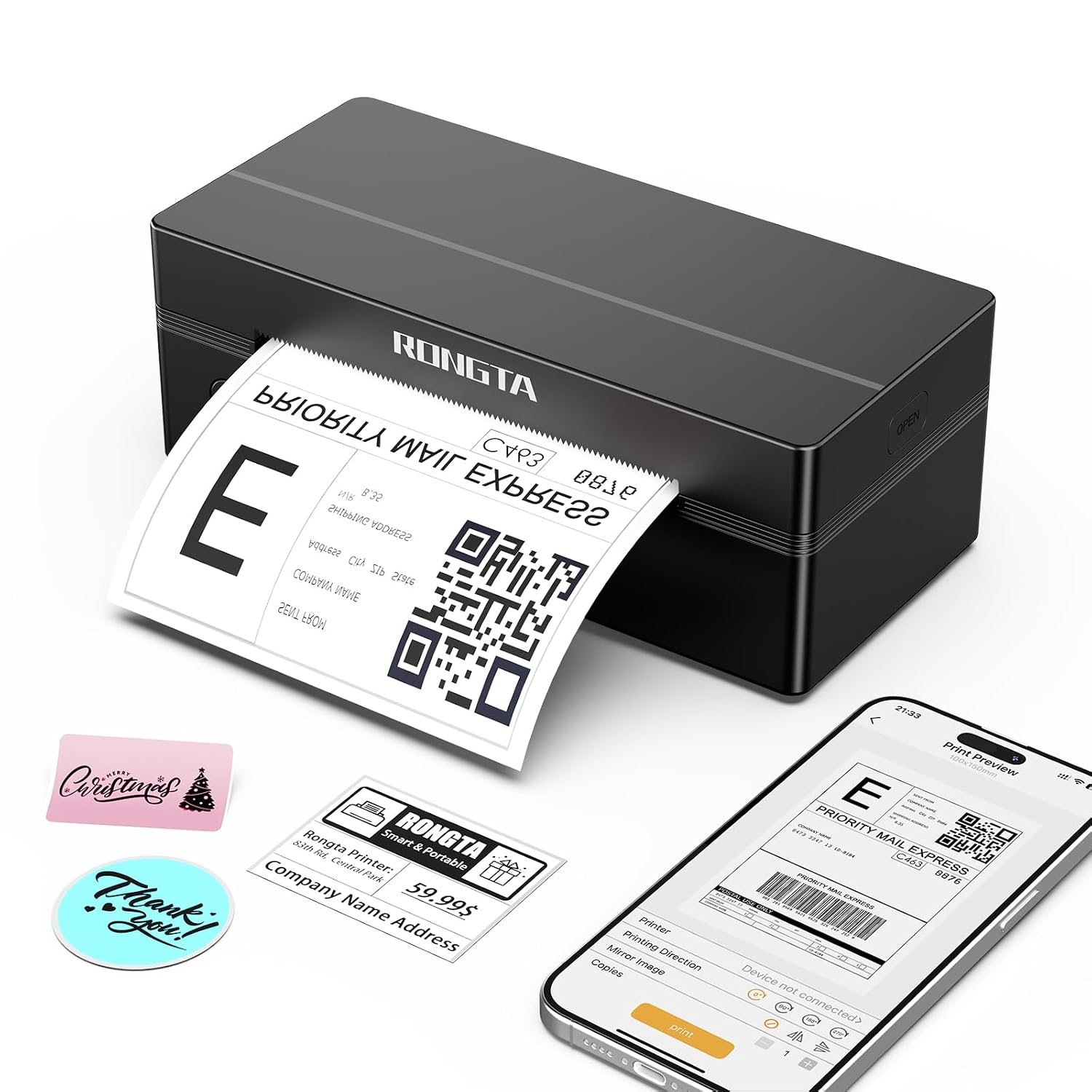 Rongta Bluetooth Thermal Shipping Label Printer, Wireless 4x6 Label Printer for Postage, Address, Compatible With Evri, Royal Mail, Amazon (RP425)