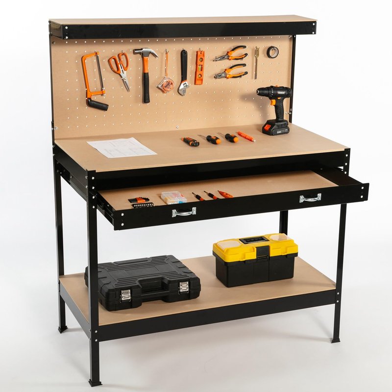 SwitZer New Black Steel Garage Tool Box Toolbox Work Bench Workbench Storage With Drawers Pegboard and 20 Pegs Shelf DIY Workshop Station
