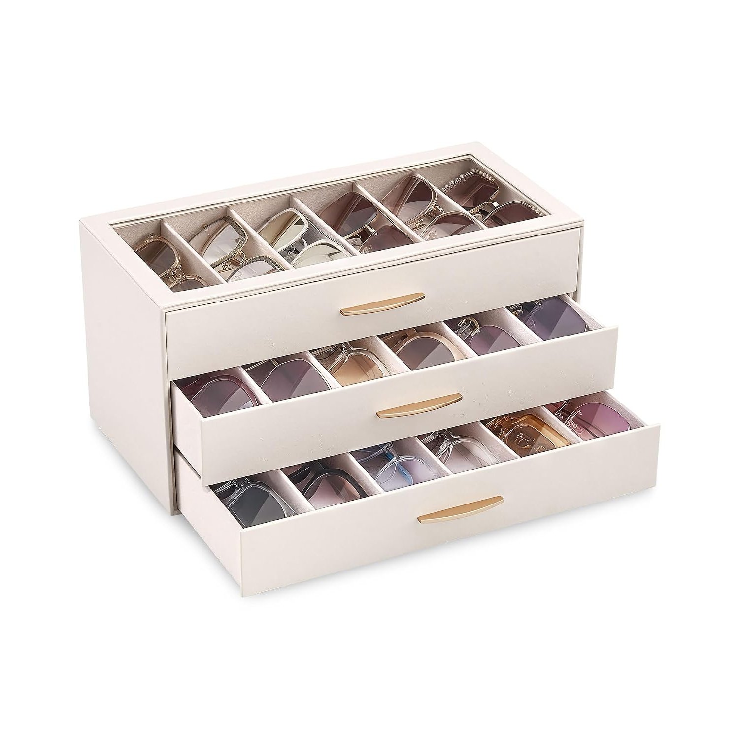 Lolalet 18 Slots Sunglasses Organiser Case for Women Men, 3-Layer Eyeglass Storage Holder Display Box with Clear Top Lid -Cream