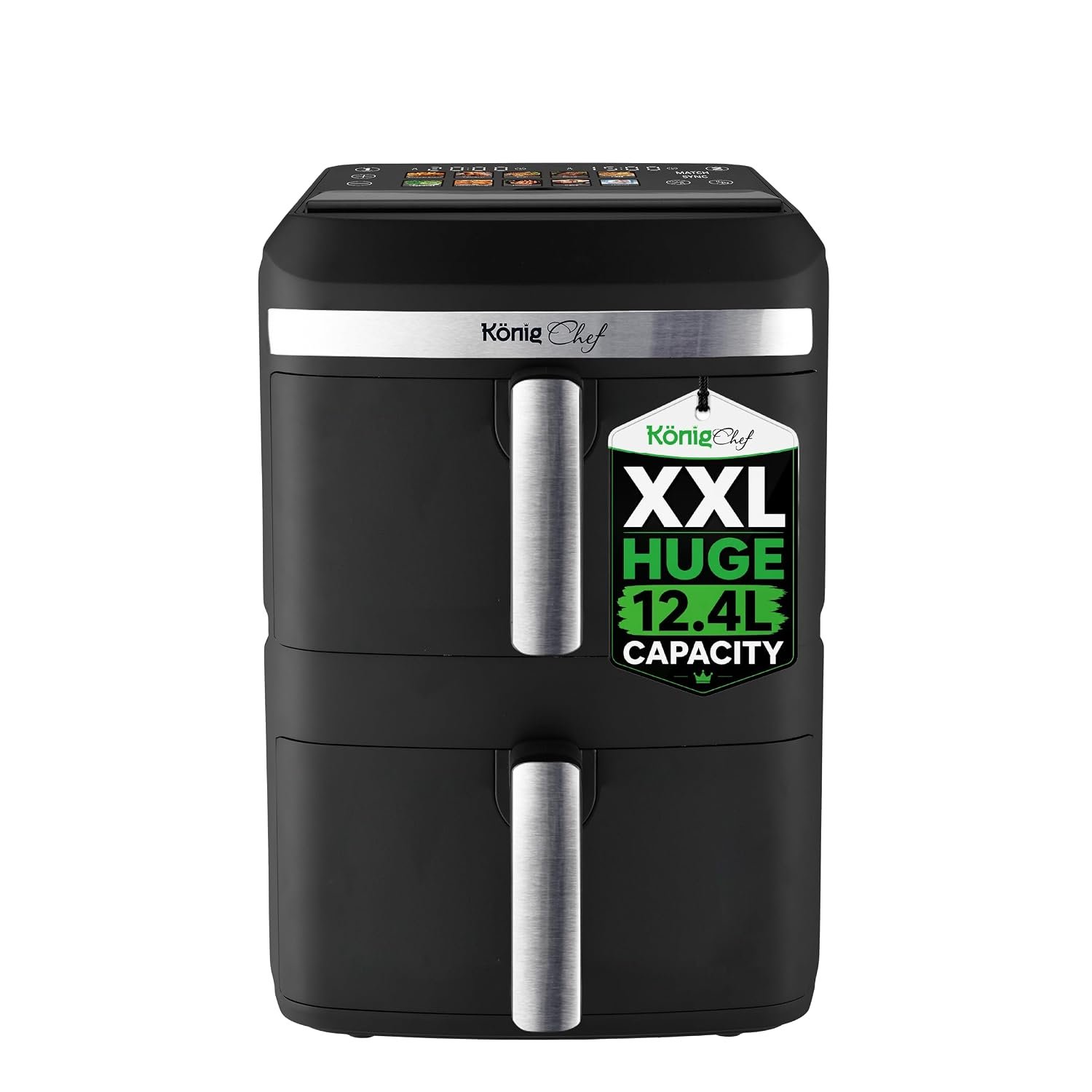 XXL 12.4L Stacked Dual Basket KönigChef Double Drawer Vertical Family Air Fryer, 2800W, FRY FORCE 360°, 10 Presets, Match & Sync, LED Touch Display - ZHAF-968A