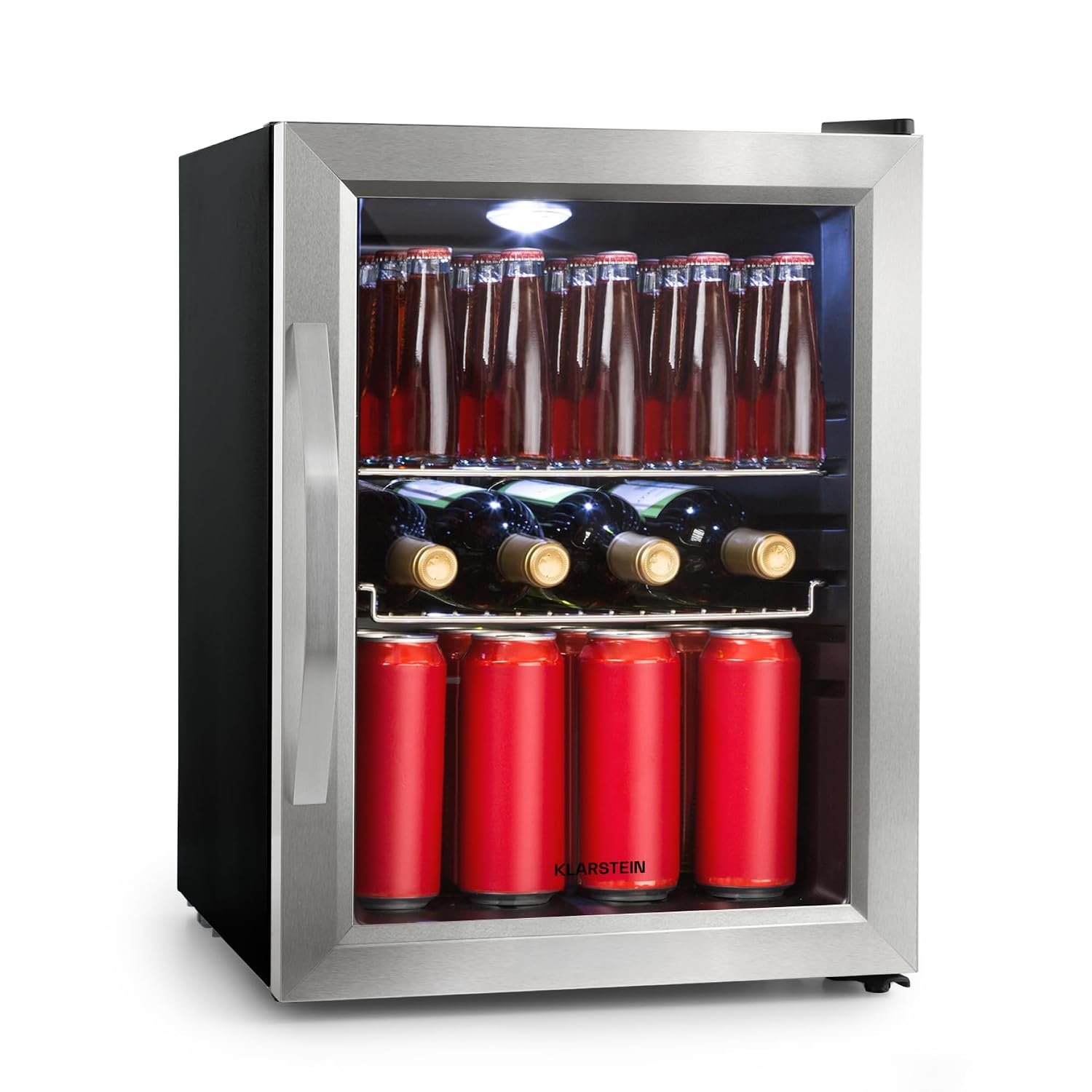 KLARSTEIN Beersafe 33 L Mini Fridge with Glass Door – Drinks Fridge, Silver | LED light, removable metal shelves, quiet, beer & beverage fridge for cans & bottles