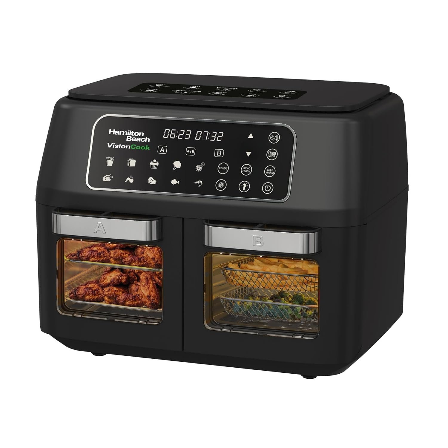 Hamilton Beach Air Fryer, 11L, Dual, VisionCook, 2400W, Vision Window, 10 One-Touch Presets, Vortex Technology, Dual Zones, Match Cook, Smart Finish, Dishwasher Safe, Black - HB2116A