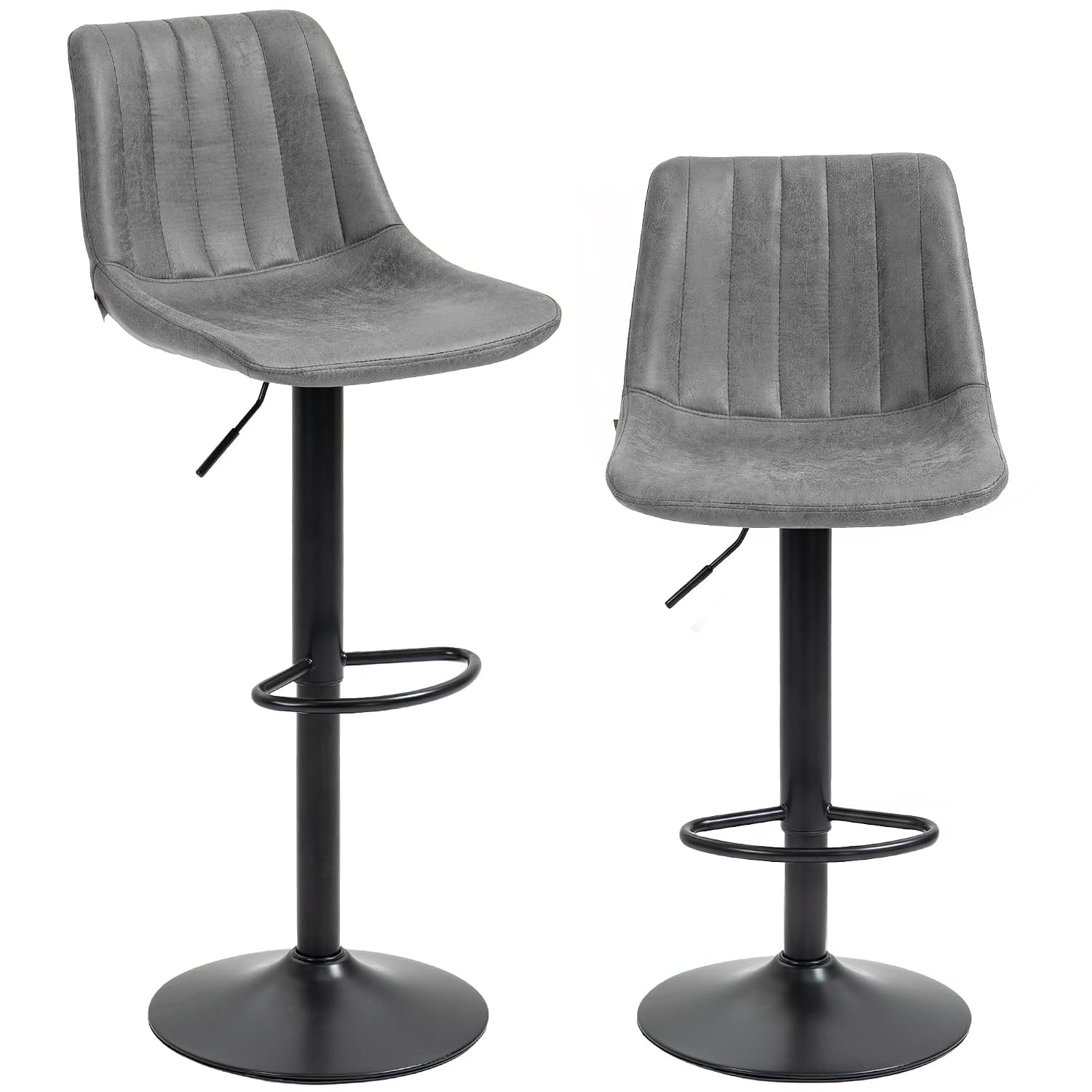 HOMCOM Modern Bar Stools Set of 2, Height Adjustable Swivel Bar Chairs with Backrest, Gas Lift and Footrest, Leathaire Barstools for Breakfast Counter, Kitchen Island, Grey