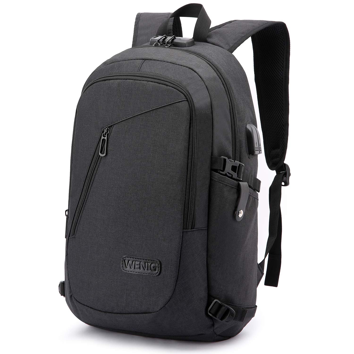 WENIG Anti-Theft Laptop Backpack,Business Travel Backpack Bag with USB Charging Port Lock,Water Resistant College School Computer Rucksack Work Backpack for Mens Womens Fits 15.6 Inch Laptop-Black