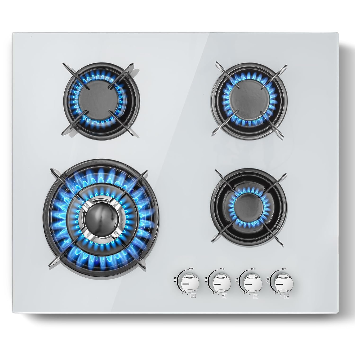 Gas Hob 4 Burners, TopStrong Built-in White Gas Hob 60cm with Flame Out Protection, LPG/NG Compatible, Enamelled Pan Supports & Easy Clean Surface, Glass, 8060W