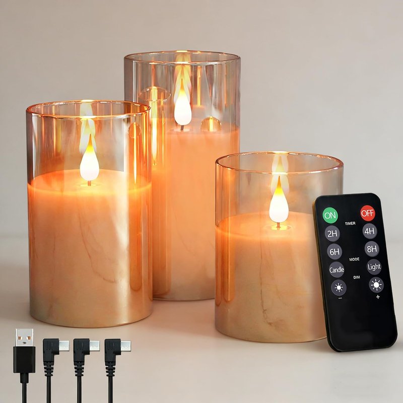 NICE POINT LED Flameless Candle,Rechargeable Flashing Pillar Real Wax Candle with Remote Control and Timer, Upgraded Teardrop Wick, Gold Clear Glass Electronic Candles for Room Decor, Pack of 3
