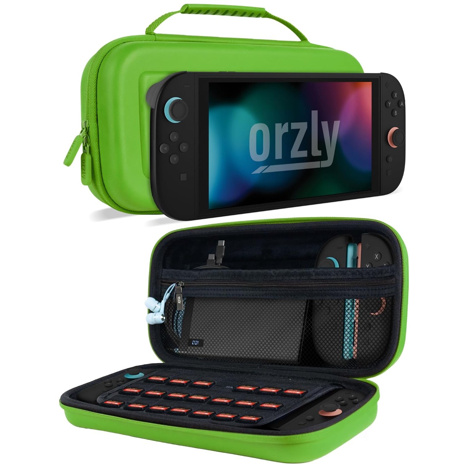 Orzly Carry Case Compatible with Nintendo Switch 2 (2025 Console, 7.9 inch) – with Screen Padding, Game Card & microSD Slots, Zipped & Open Pockets for Console Accessories – Gift Box Edition (Green)
