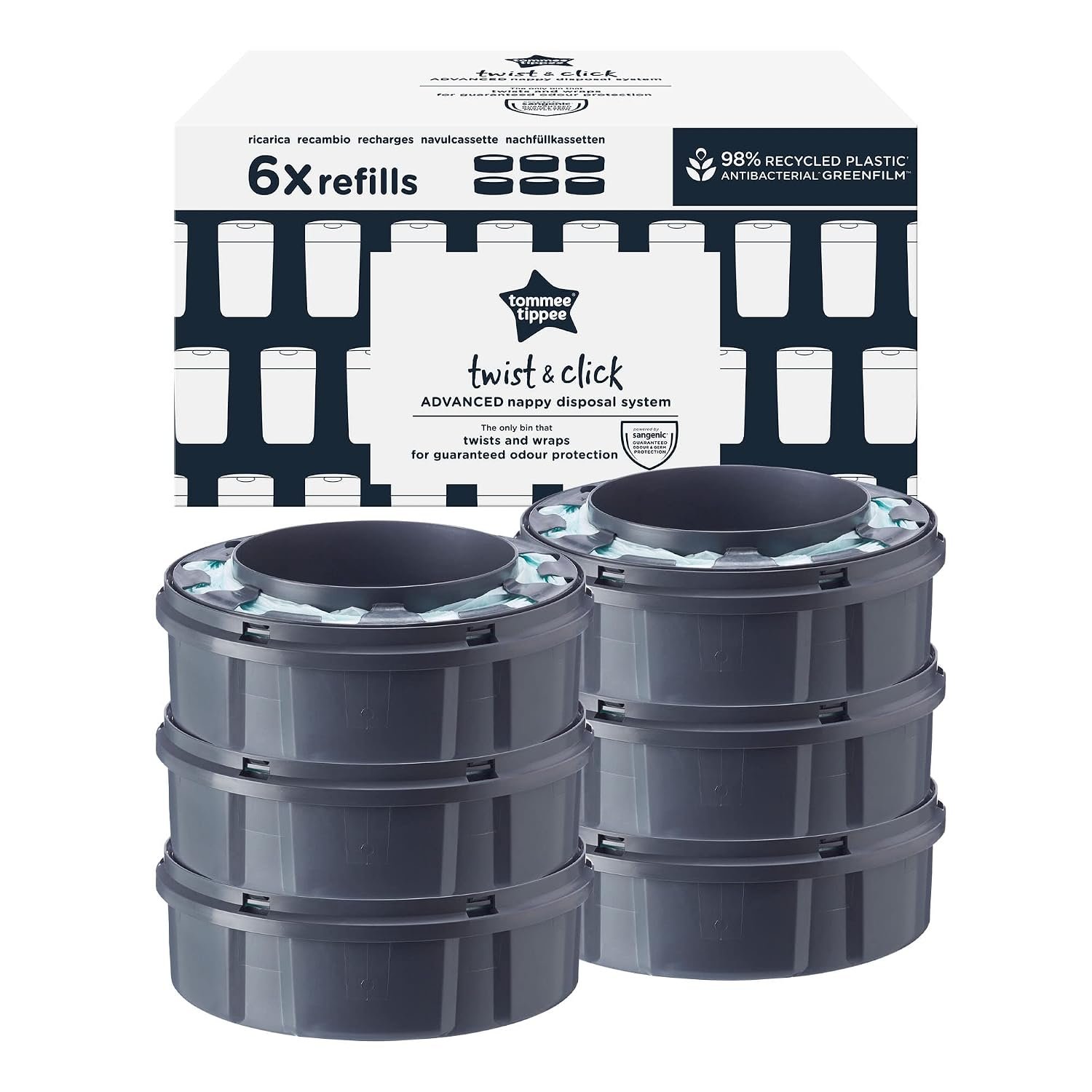 Tommee Tippee Twist and Click Nappy Bin Refill Cassettes, Pack of 6 Refill Cassettes with Multilayer, Antibacterial Film for Odour and Germ Protection