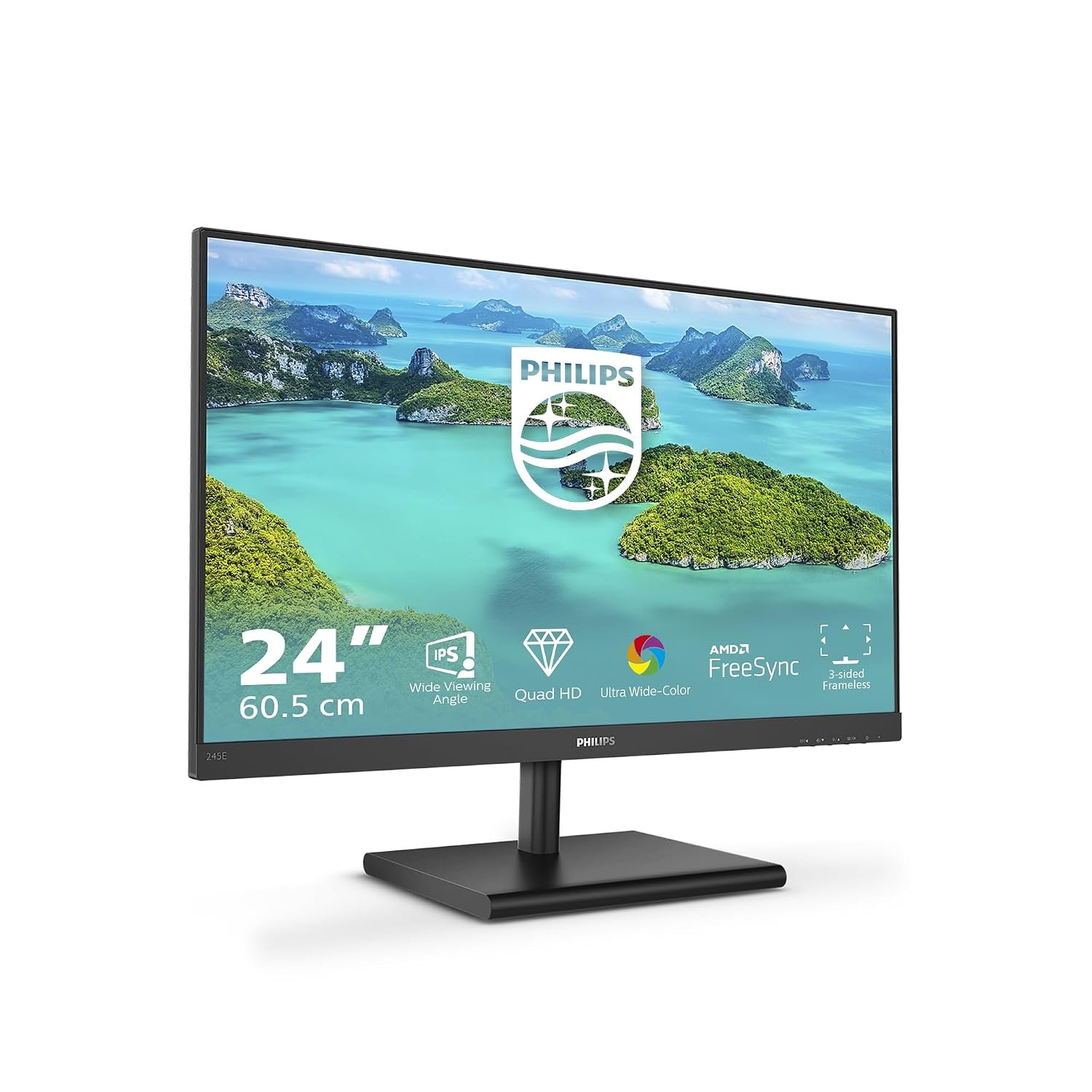 Philips 245E1S - 24 Inch QHD Monitor, 75Hz, 4ms, IPS, AMD FreeSync, FlickerFree, SmartContrast (2560 x 1440, 250 cd/m², HDMI/DP/VGA)