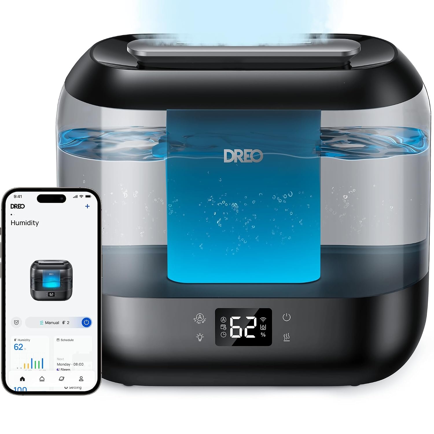 DREO Smart Humidifier for Bedroom Baby, 4L Cool Mist Humidifiers for Home, 28dB Quiet Humidifier, LED Display, Humidity Sensor, Oil Diffuser, 36H Runtime, Nightlight, Top Fill, Touch/APP/Voice Control