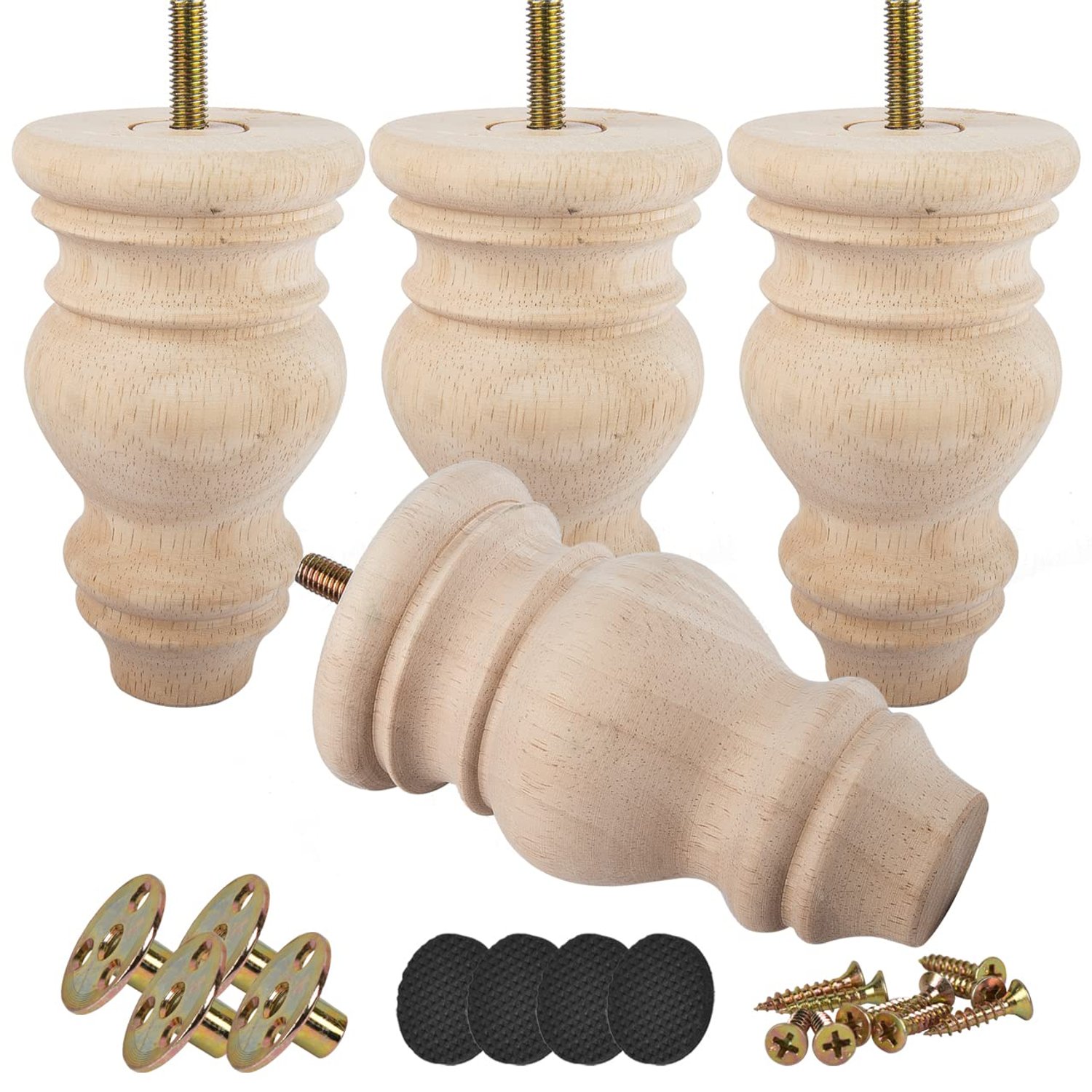 Btowin 4.8 inch / 12cm Unfinished Wooden Bun Feet, 4Pcs Solid Wood Furniture Legs with Threaded M8 Hanger Bolts & Mounting Plate & Screws for Sofa Couch Chair Ottoman Cabinet