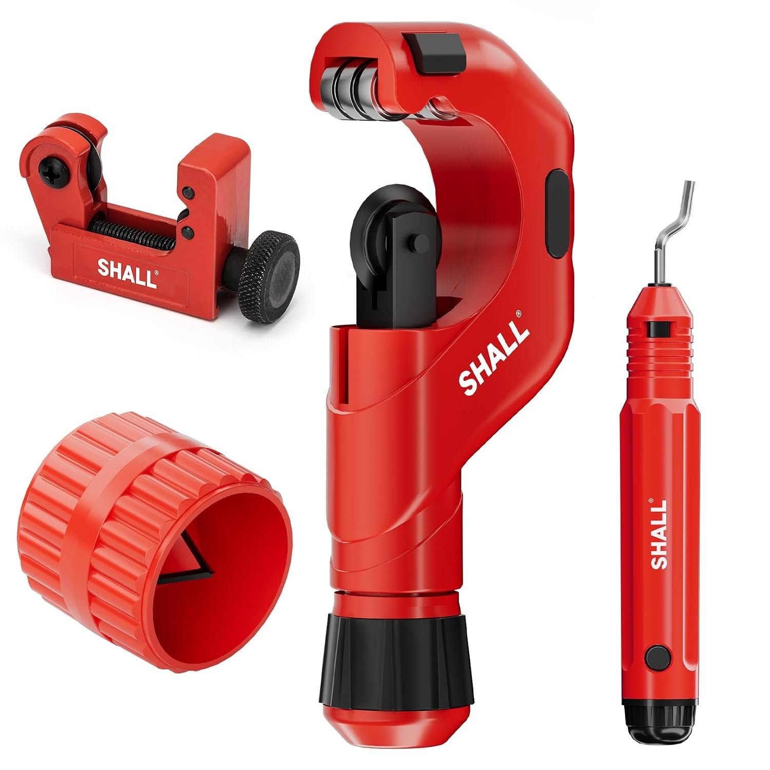 SHALL 4PC Tubing Cutter Set,Heavy-Duty Pipe Cutter Ø 6-50mm, mini Cutter Ø 3-22mm, with 2 deburring Tools, Suitable for PVC/Aluminum/Copper