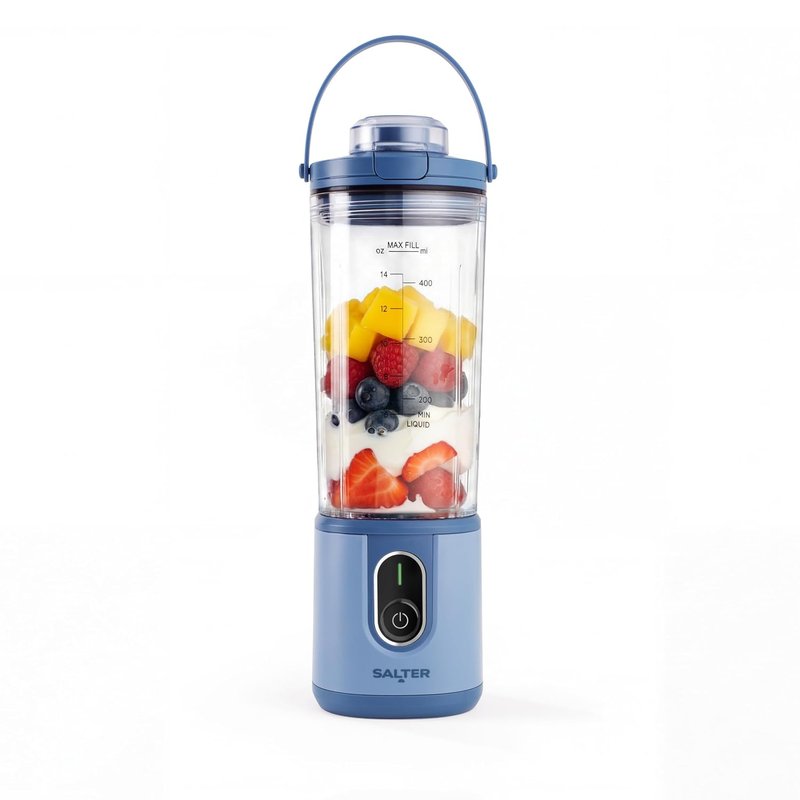 Salter ActiBoost Cordless Portable Blender - 450ml, Pulse Function, 40 Sec Countdown, BPA-Free, Stainless Steel, Includes Blade Cover & Bottle Base, On-The-Go Protein Blender, Smoothies, 100W, Blue