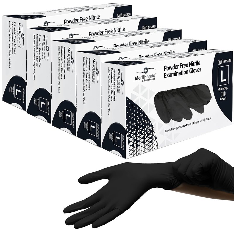 Farla Medical MediHands Disposable Large Nitrile Gloves - Powder Free and Latex Free Surgical Gloves - Multi-Purpose, Single Use Medical Gloves - Box of 500, Black